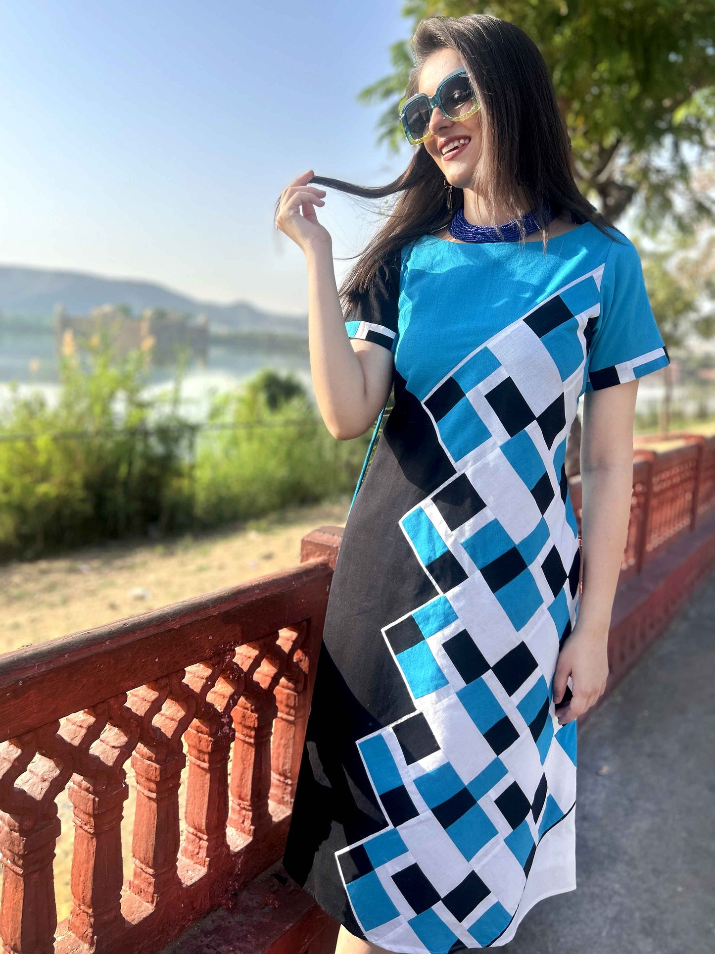 MEESHA MASAI MARA HAND WOVEN COTTON PATCHWORK DRESS