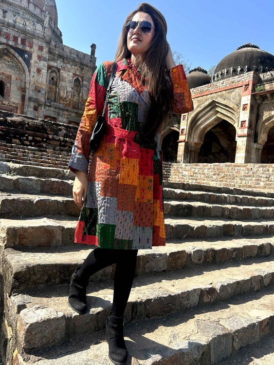 AMELIA VERMONT AUTUMN PATOLA SILK PATCHWORK KANTHA TRENCH COAT