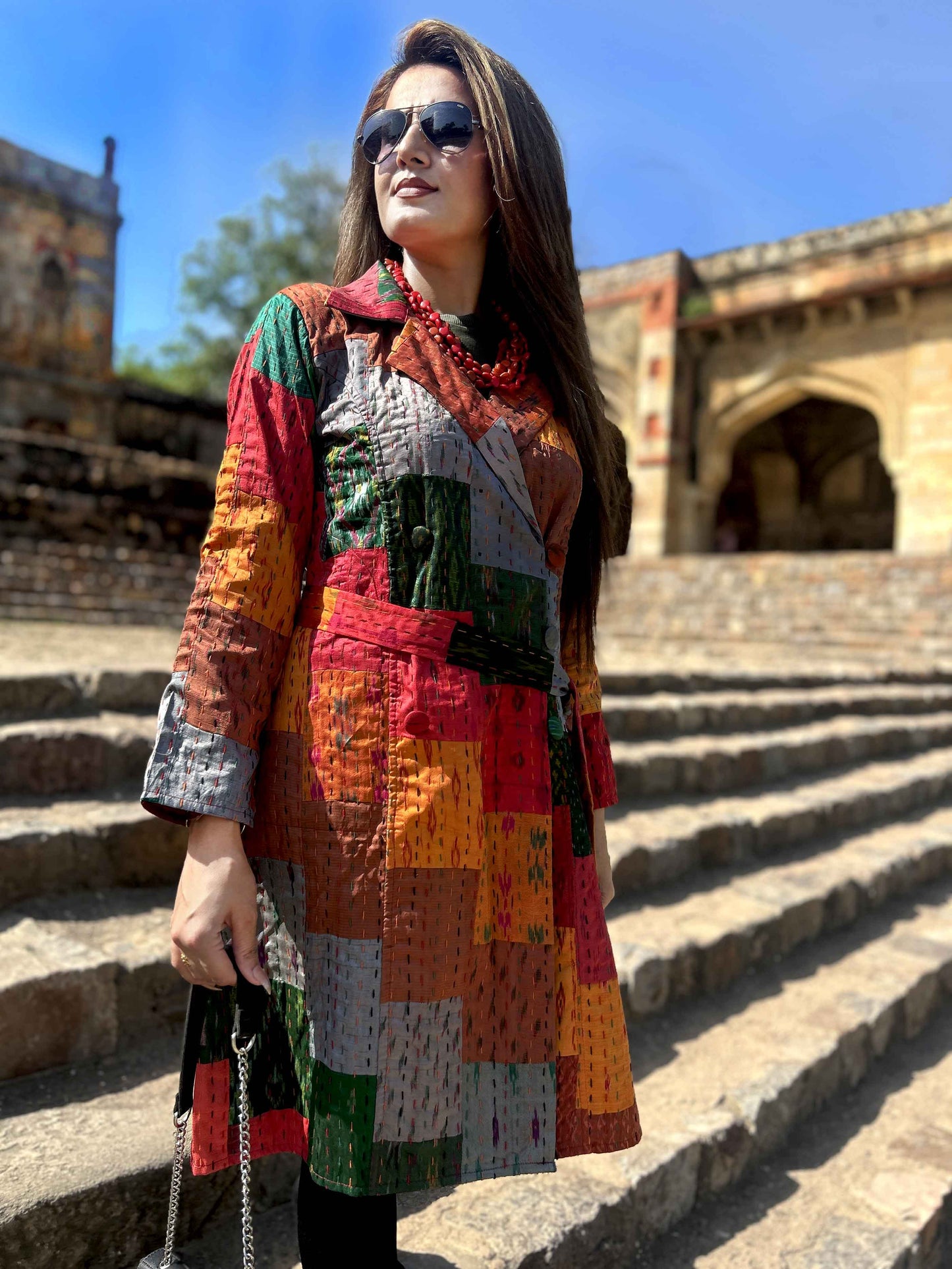 AMELIA VERMONT AUTUMN PATOLA SILK PATCHWORK KANTHA TRENCH COAT