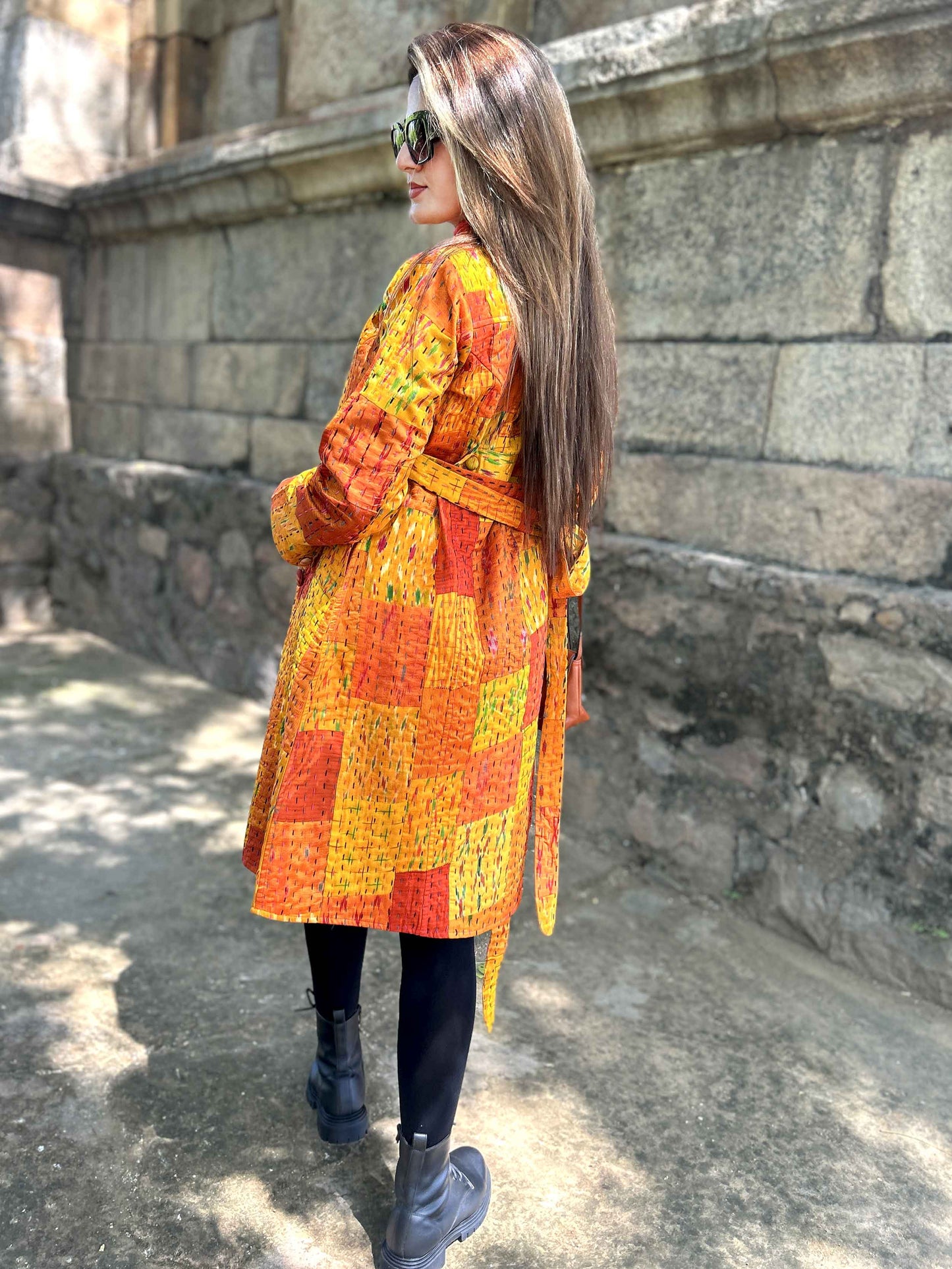 ANNE VERMONT AUTUMN PATOLA SILK PATCHWORK KANTHA TRENCH COAT