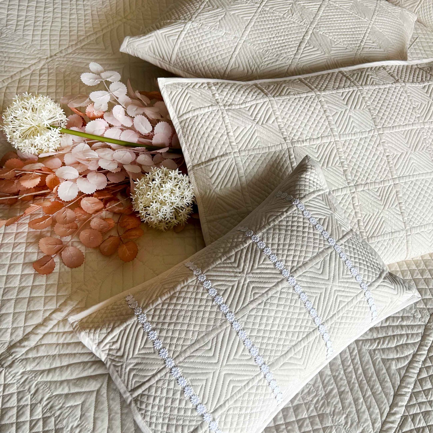 HAZELLE MEDITERRANEAN SERENITY ROYAL BEIGE QUILTED 6 PIECE BEDCOVER SET