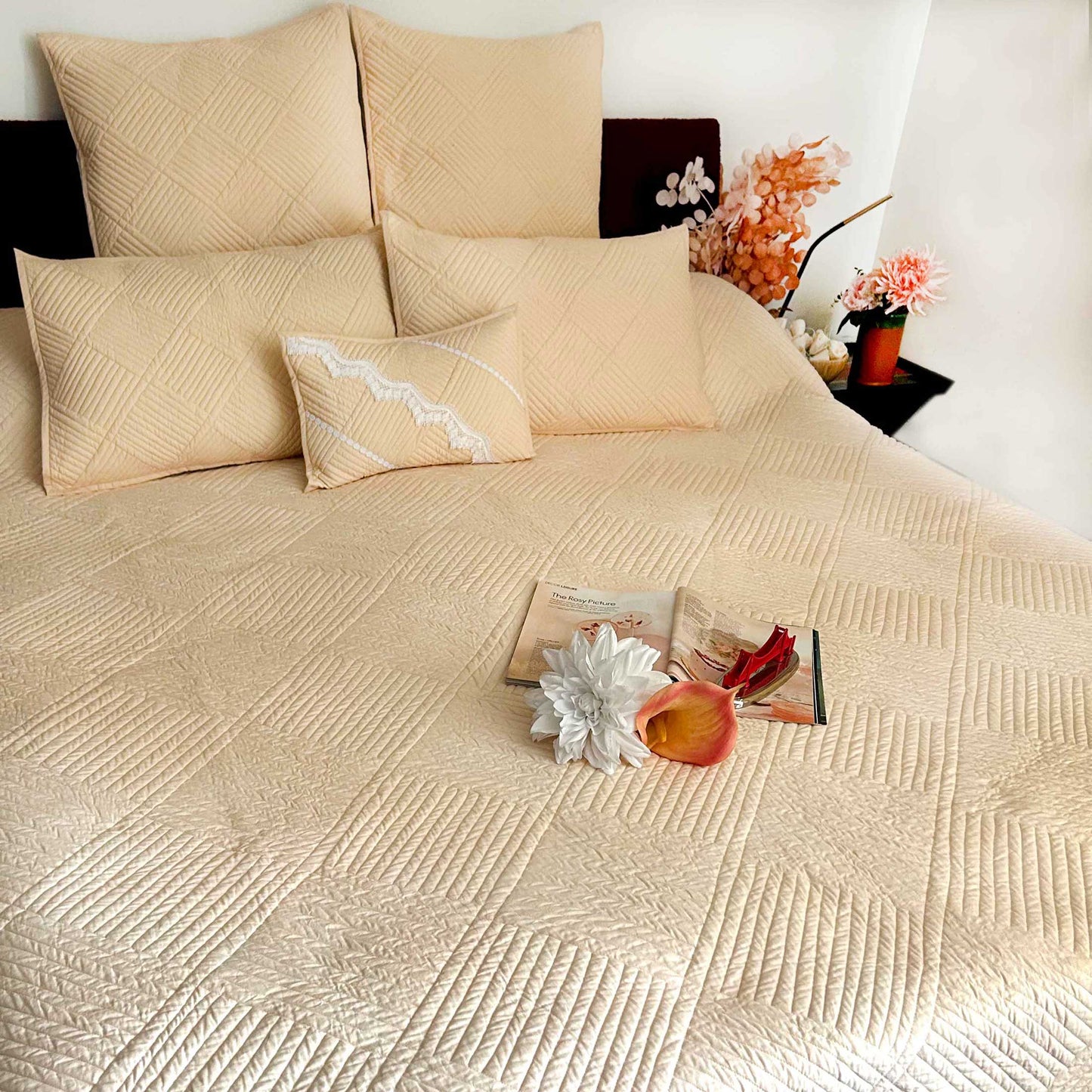 HARLENE MEDITERRANEAN SERENITY SOOTHING PEACH QUILTED 6 PIECE BEDCOVER SET