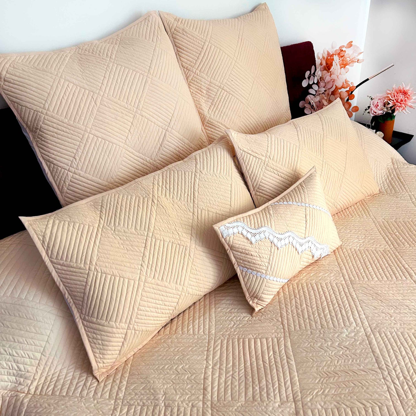 HARLENE MEDITERRANEAN SERENITY SOOTHING PEACH QUILTED 6 PIECE BEDCOVER SET