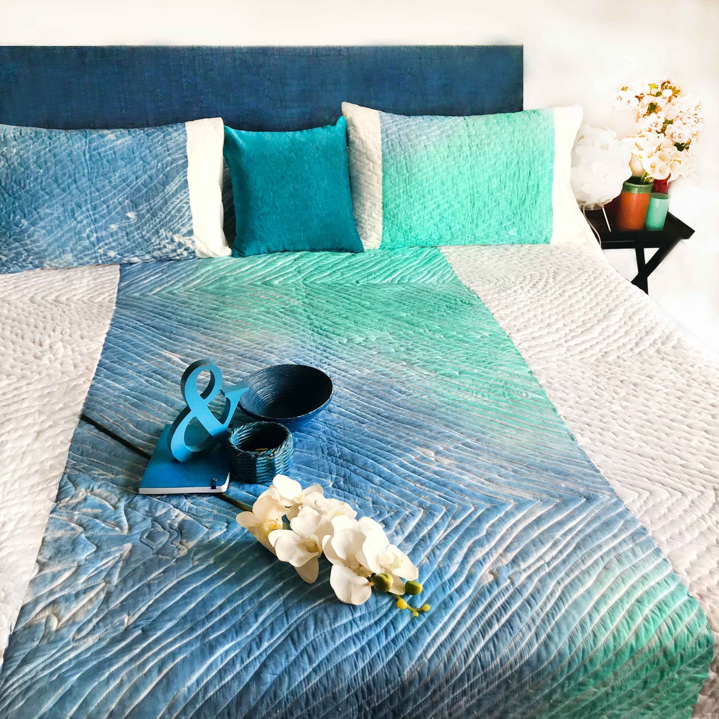 CAROL COLOUR CASCADE SHIBORI SHABANG QUILTED BEDCOVER SET