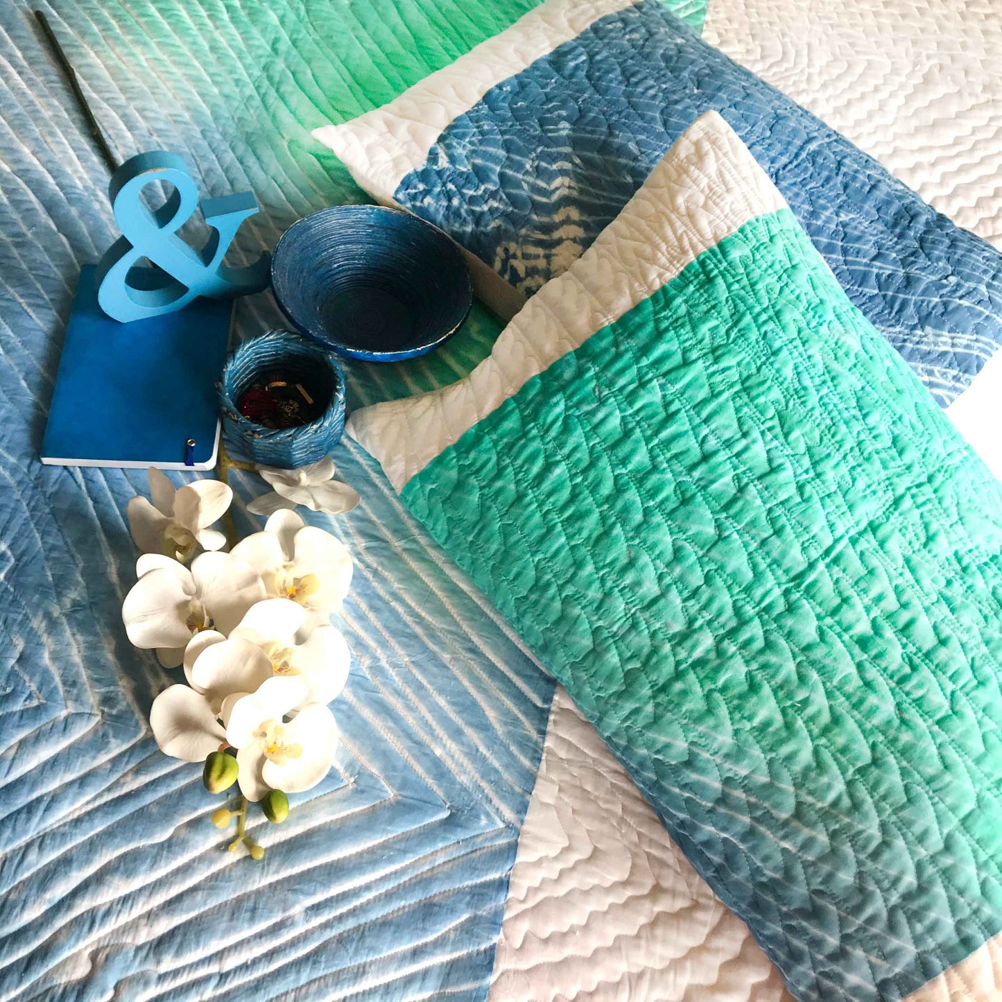 CAROL COLOUR CASCADE SHIBORI SHABANG QUILTED BEDCOVER SET