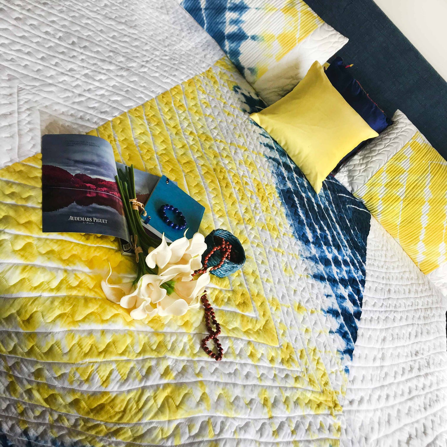 CYNTHIA COLOUR CASCADE SHIBORI SHABANG QUILTED BEDCOVER SET