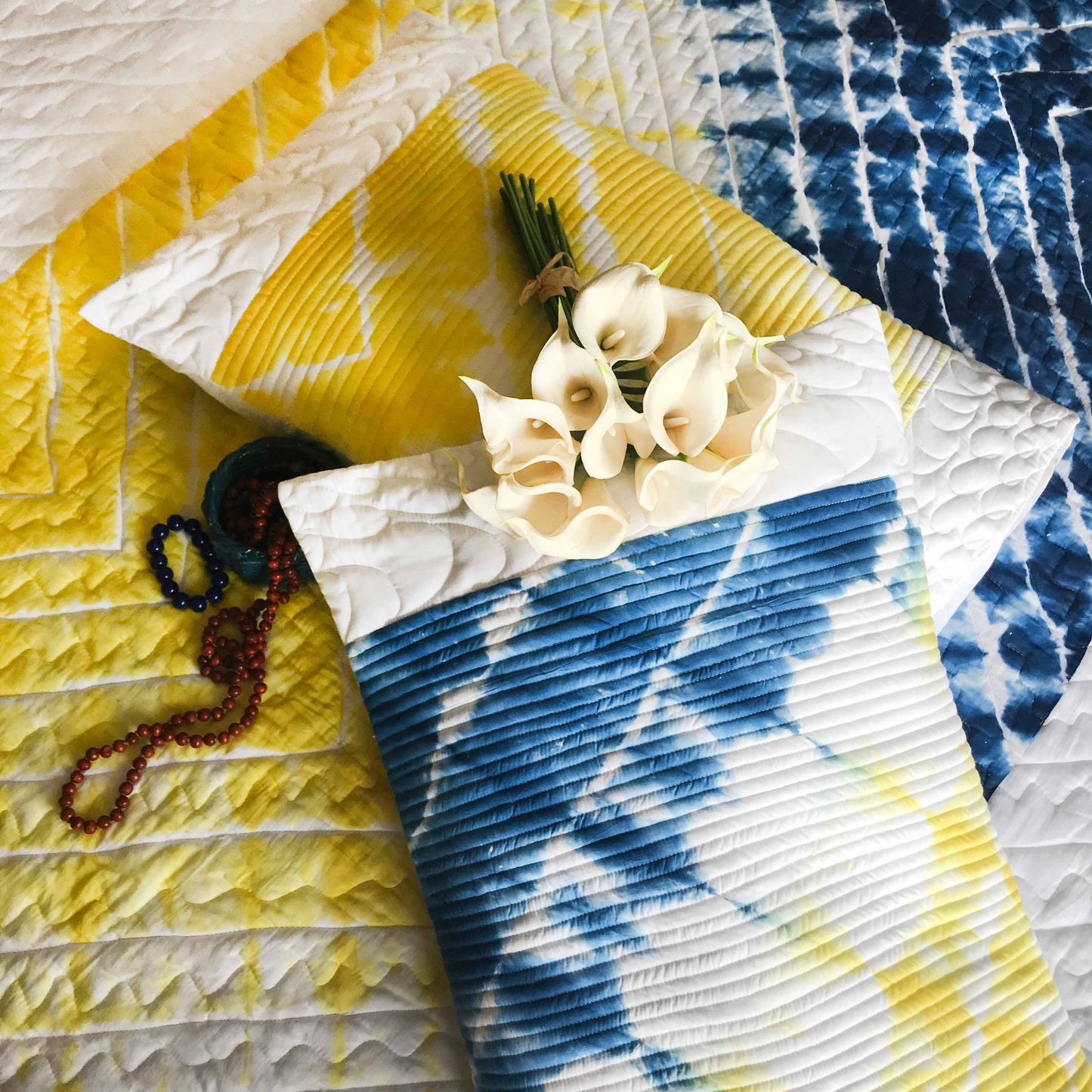CYNTHIA COLOUR CASCADE SHIBORI SHABANG QUILTED BEDCOVER SET