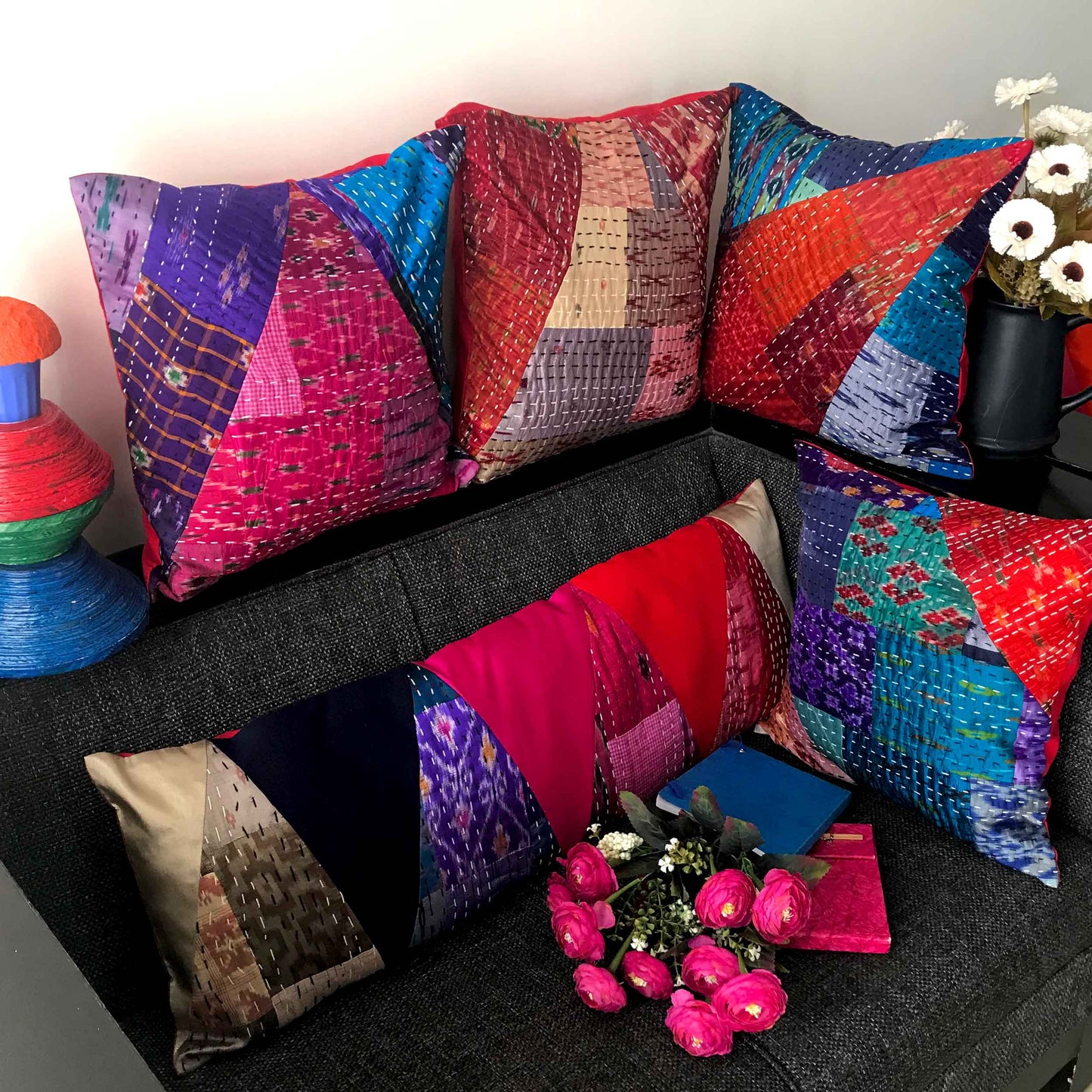MELINA MURANO INSPIRED PATOLA SILK PATCHWORK CUSHION COVER SET