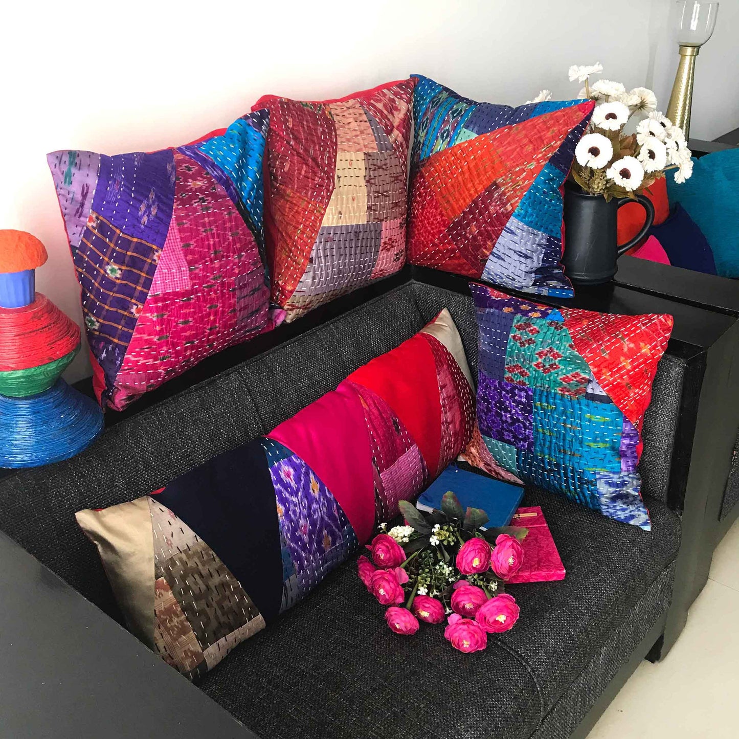 MELINA MURANO INSPIRED PATOLA SILK PATCHWORK CUSHION COVER SET