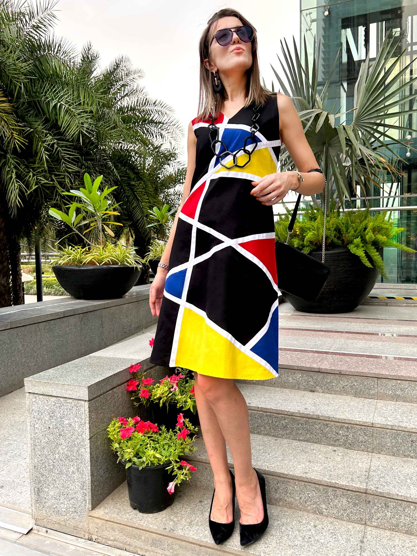 PAOLINA CALIFORNIA COLORS MONDRIAN HAND WOVEN COTTON PATCHWORK DRESS
