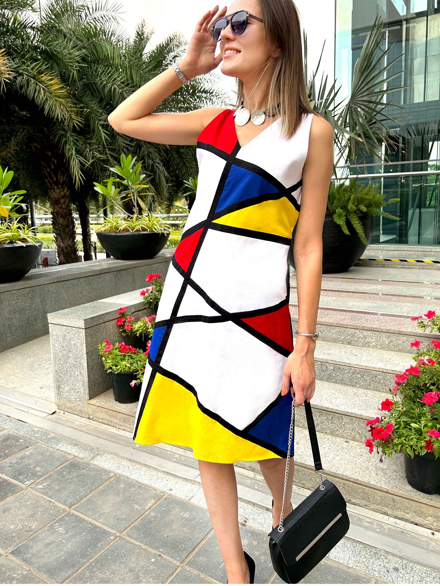 PAOLINA CALIFORNIA COLORS MONDRIAN HAND WOVEN COTTON PATCHWORK DRESS