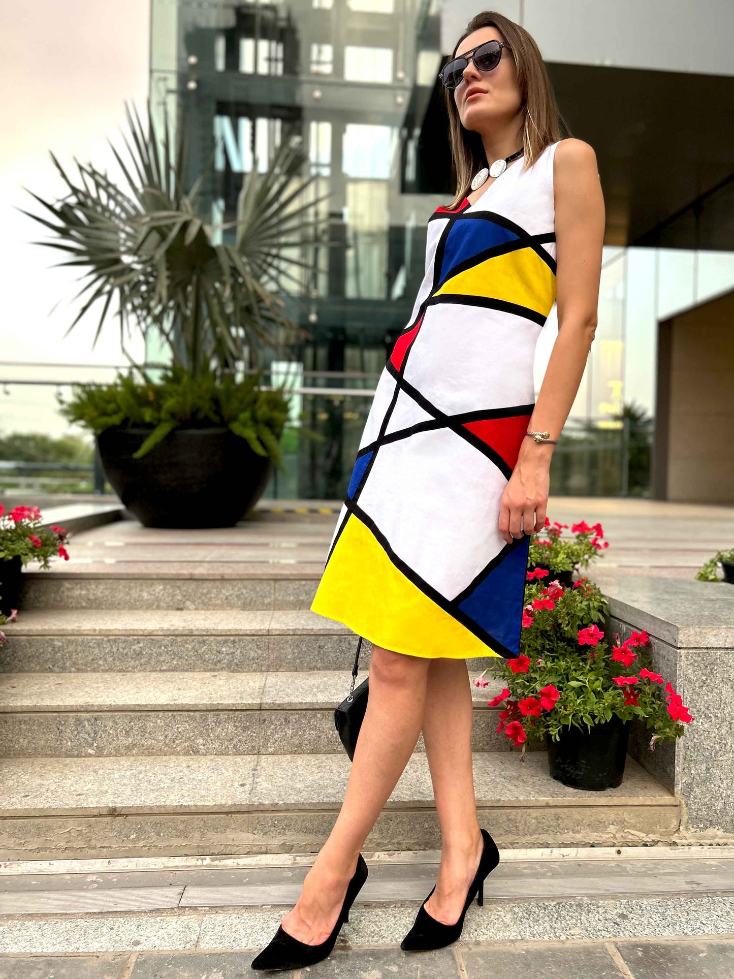 PAOLINA CALIFORNIA COLORS MONDRIAN HAND WOVEN COTTON PATCHWORK DRESS
