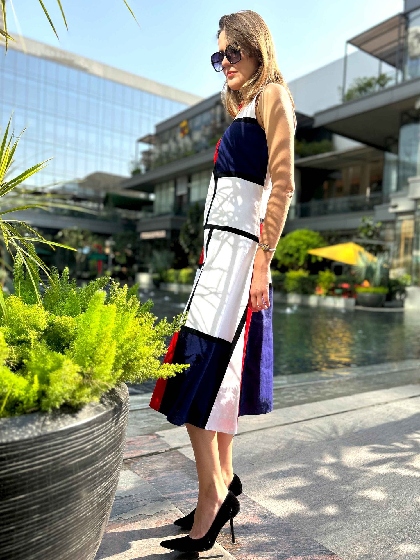 PATRICE CALIFORNIA COLORS MONDRIAN HAND WOVEN COTTON PATCHWORK DRESS