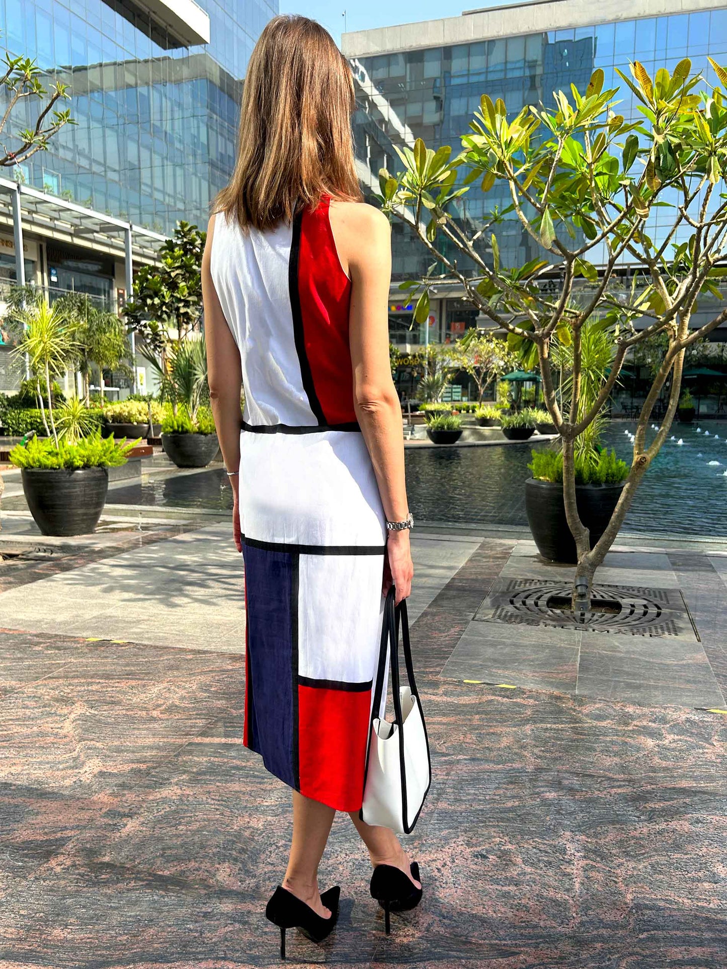 PATRICE CALIFORNIA COLORS MONDRIAN HAND WOVEN COTTON PATCHWORK DRESS