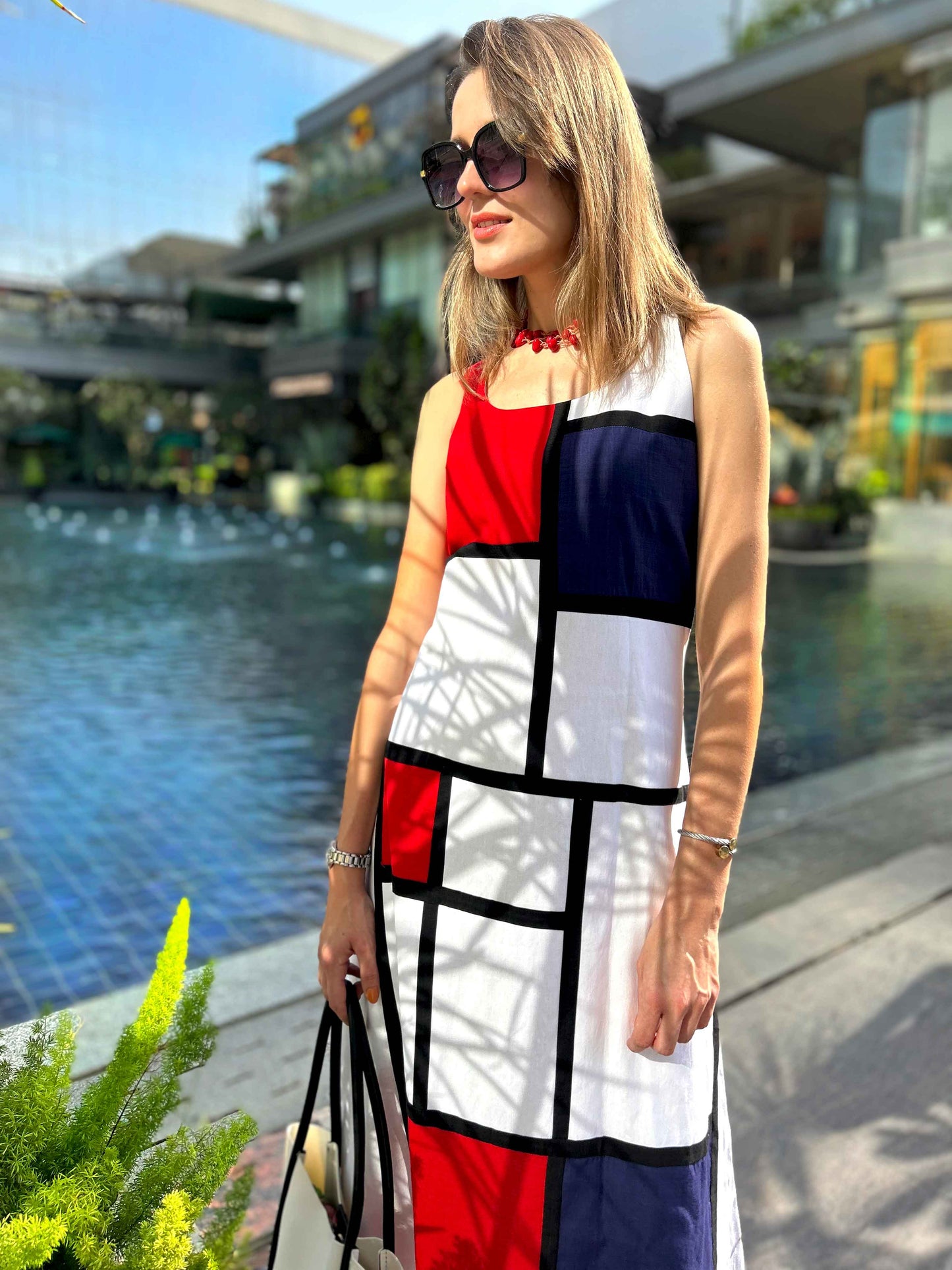 PATRICE CALIFORNIA COLORS MONDRIAN HAND WOVEN COTTON PATCHWORK DRESS