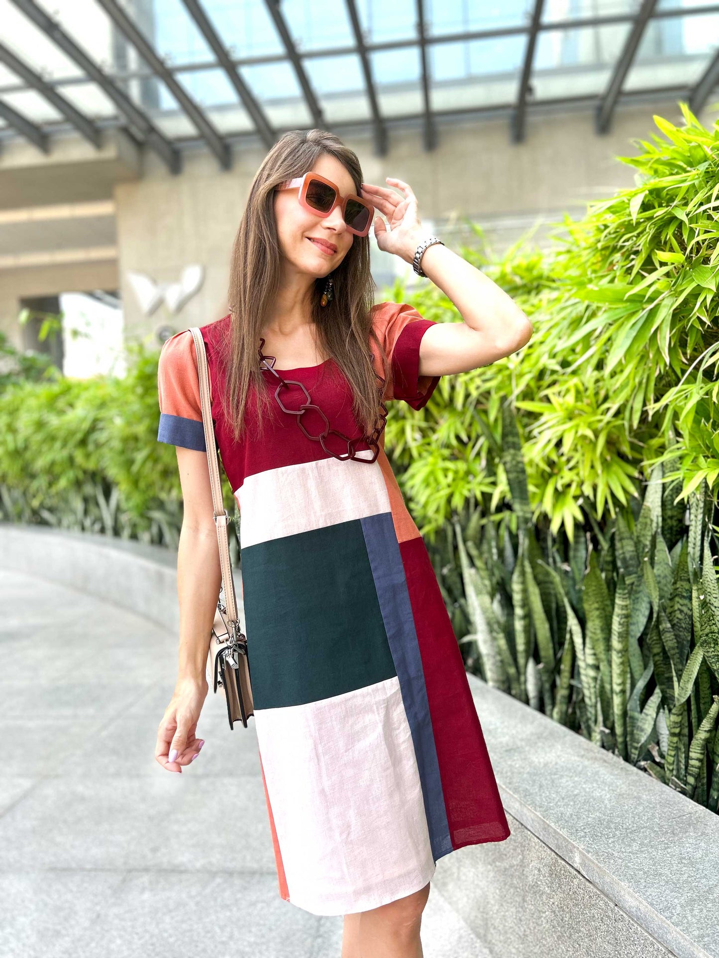 MARILYN CALIFORNIA COLORS MONDRIAN HAND WOVEN COTTON PATCHWORK DRESS