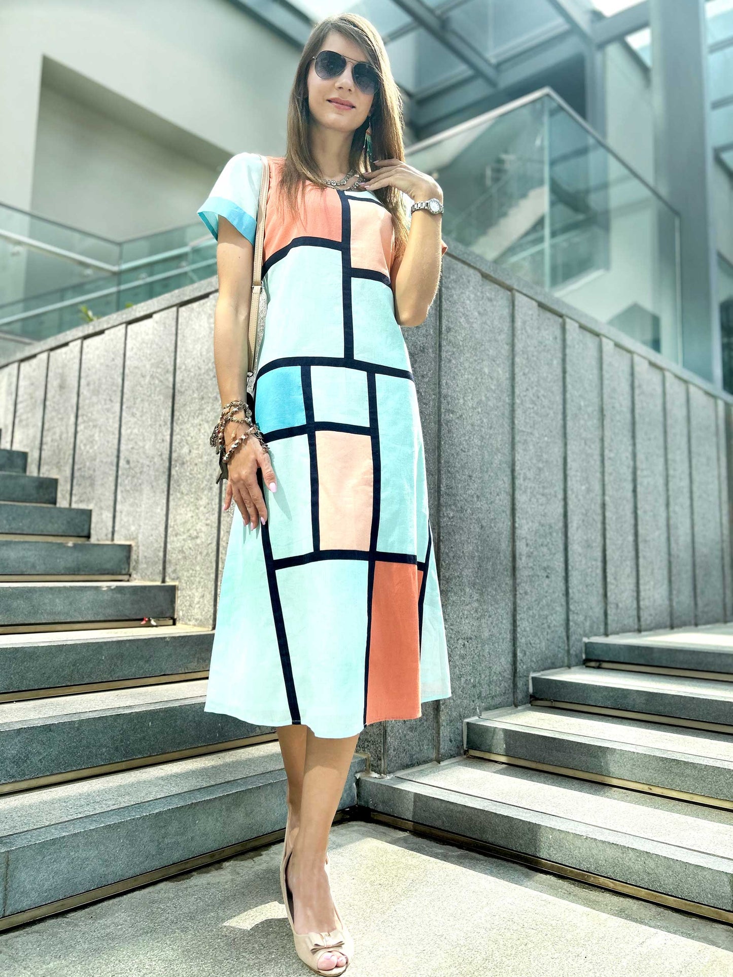MCKENNA CALIFORNIA COLORS MONDRIAN HAND WOVEN COTTON PATCHWORK DRESS