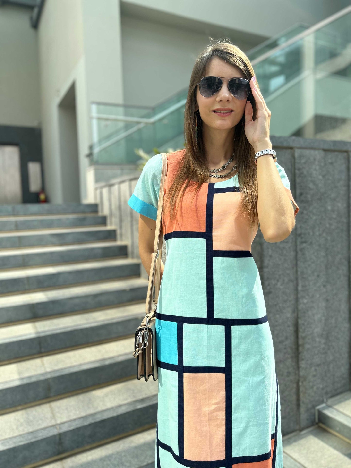 MCKENNA CALIFORNIA COLORS MONDRIAN HAND WOVEN COTTON PATCHWORK DRESS