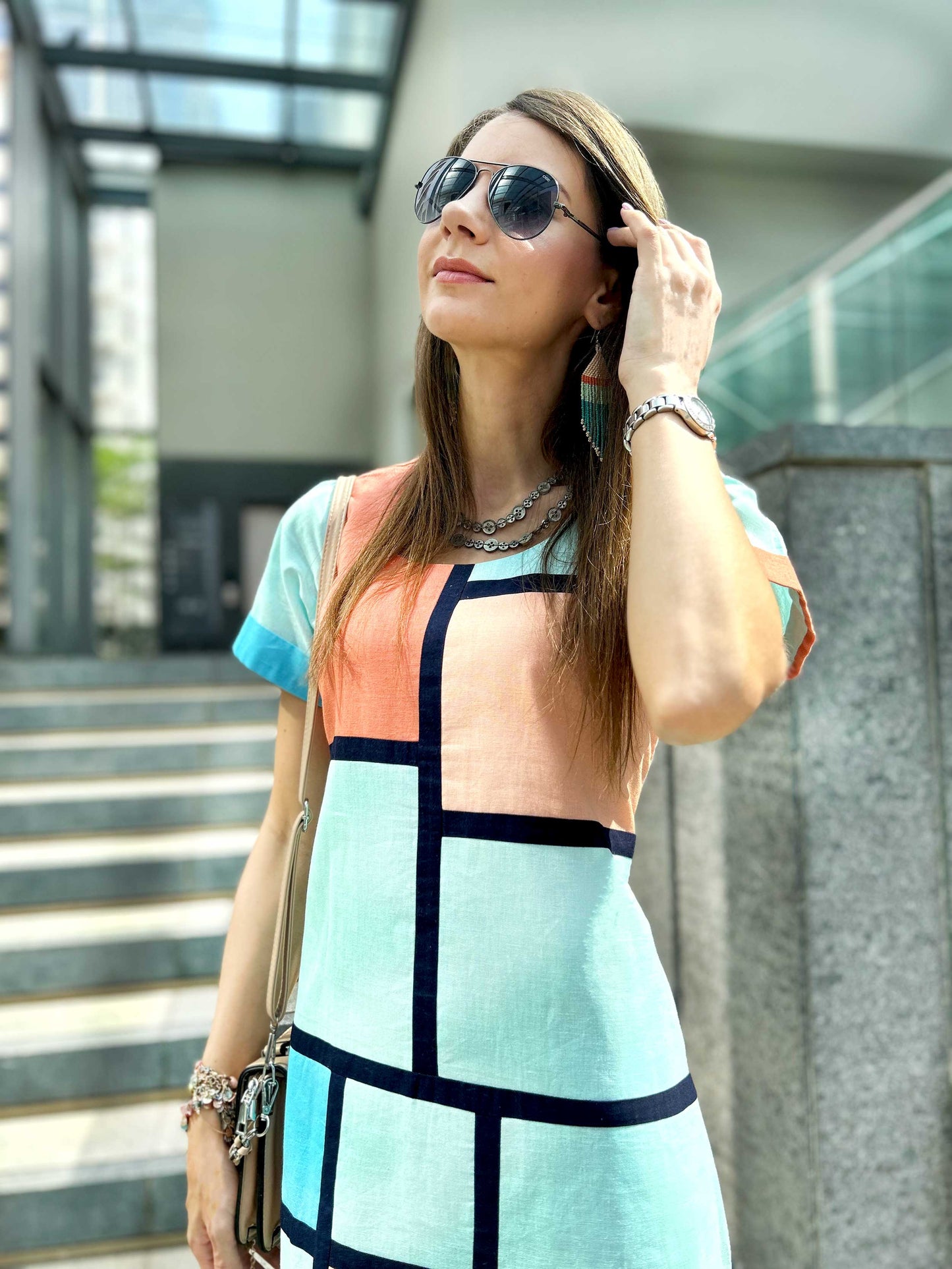 MCKENNA CALIFORNIA COLORS MONDRIAN HAND WOVEN COTTON PATCHWORK DRESS