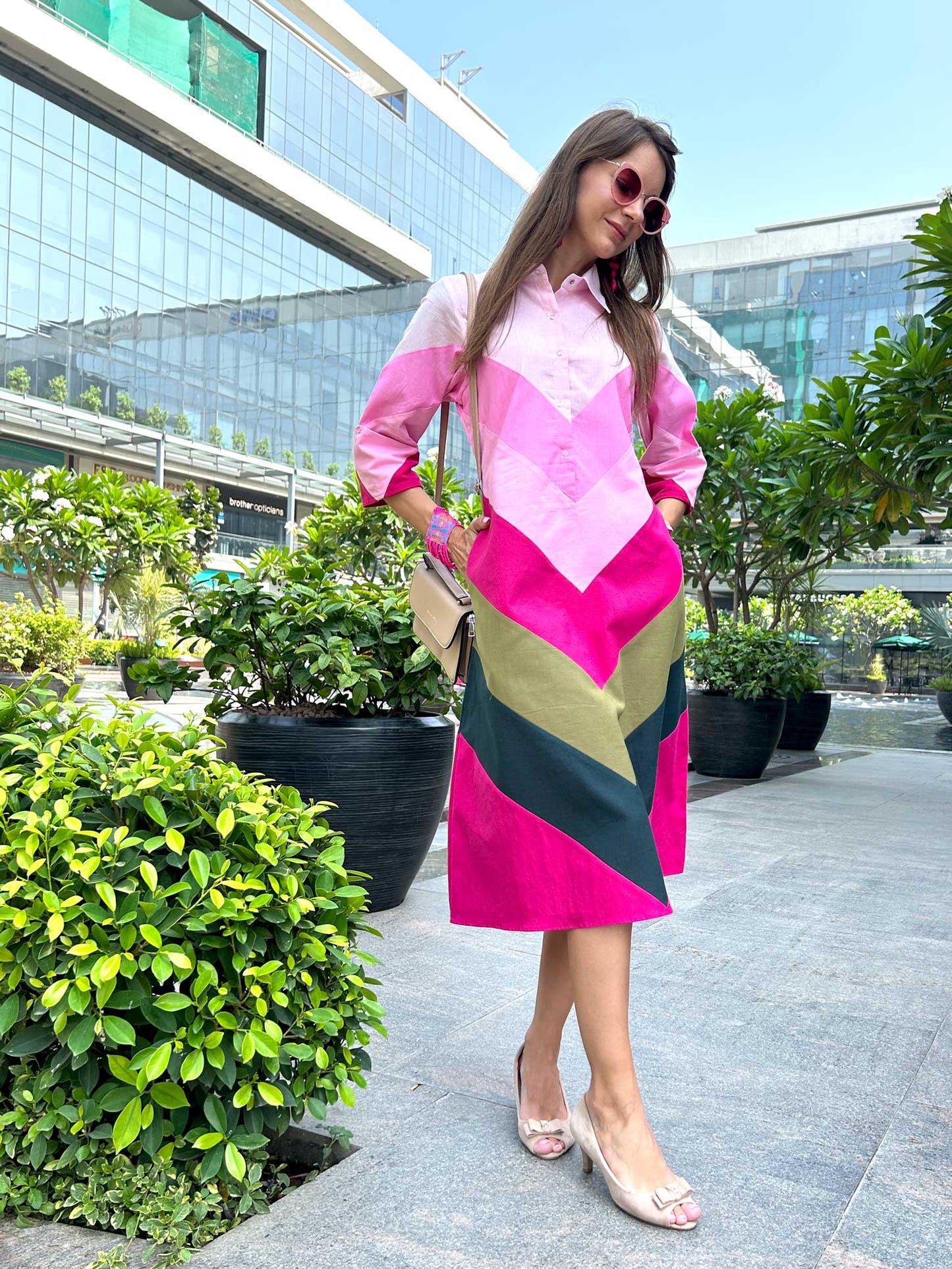 MELINDA CALIFORNIA COLORS HAND WOVEN COTTON PATCHWORK DRESS