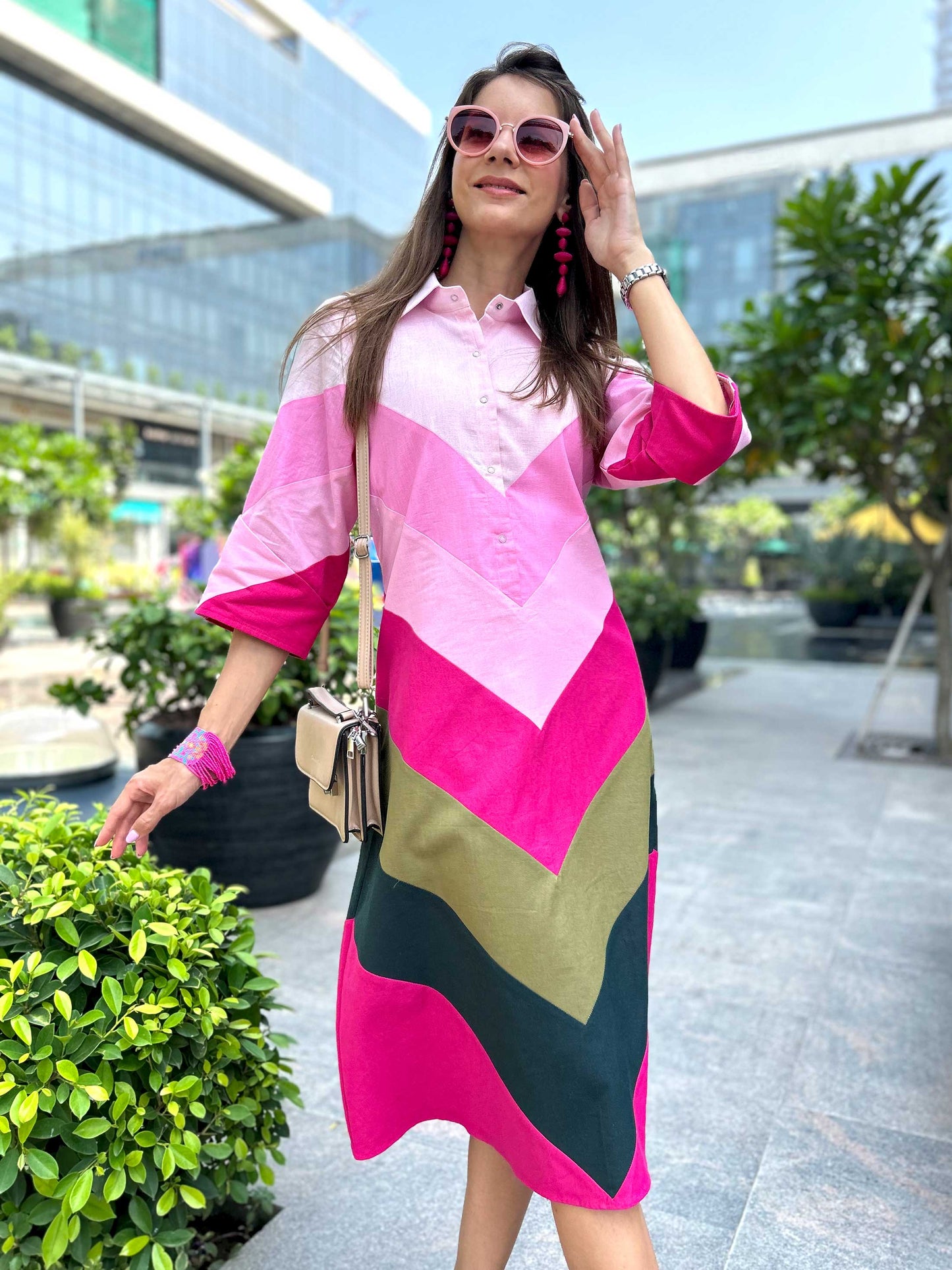 MELINDA CALIFORNIA COLORS HAND WOVEN COTTON PATCHWORK DRESS