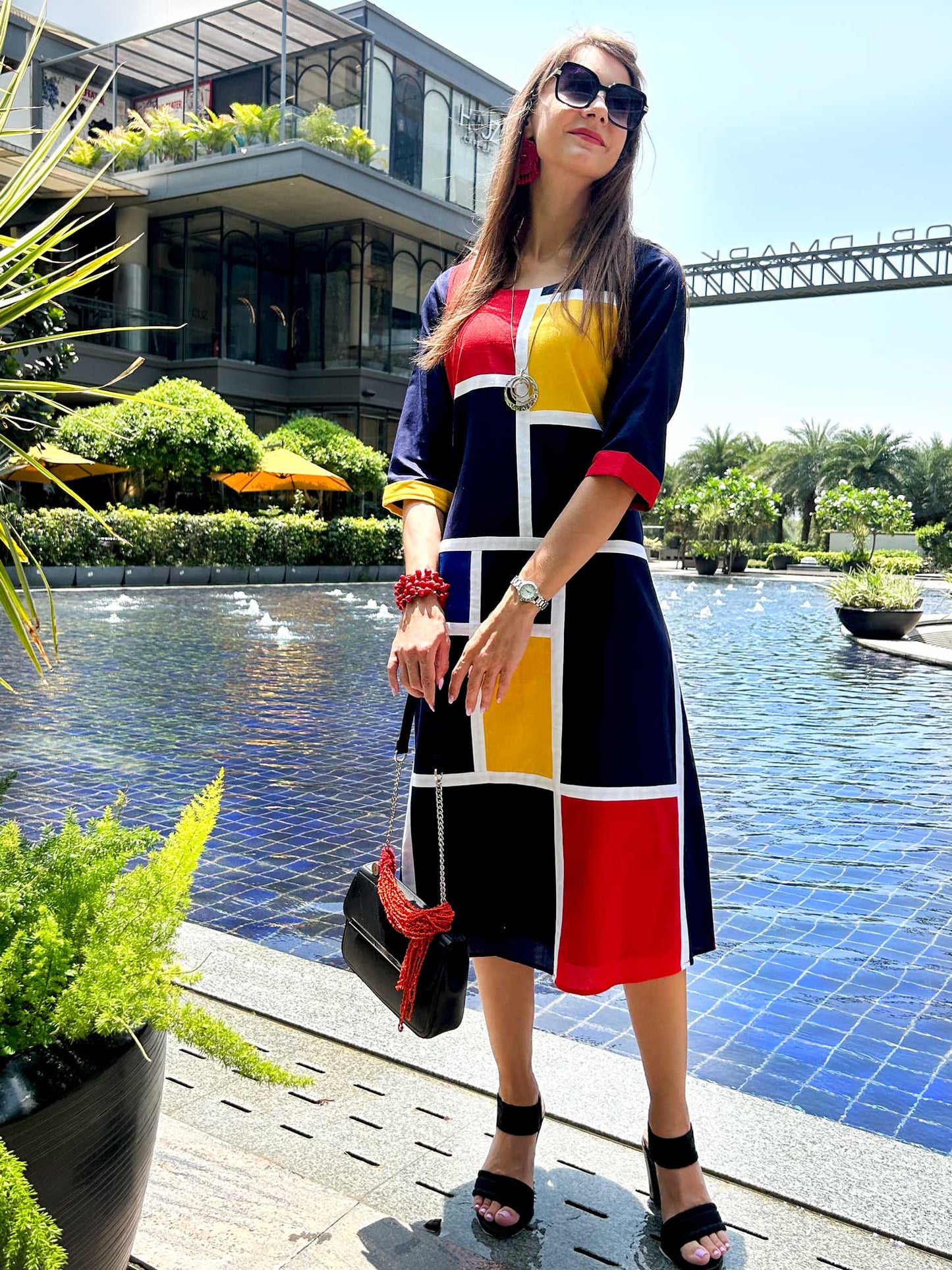 MEADOW CALIFORNIA COLORS MONDRIAN HAND WOVEN COTTON PATCHWORK DRESS