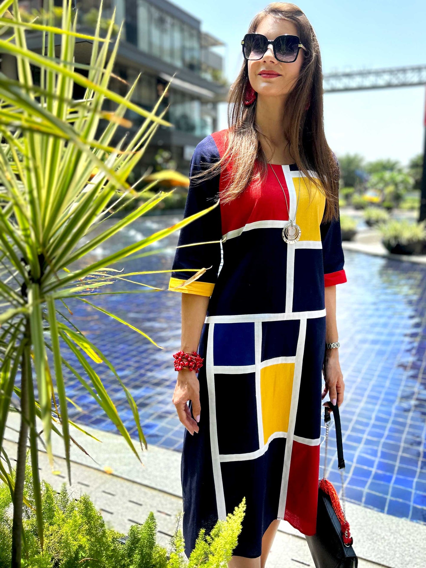 MEADOW CALIFORNIA COLORS MONDRIAN HAND WOVEN COTTON PATCHWORK DRESS