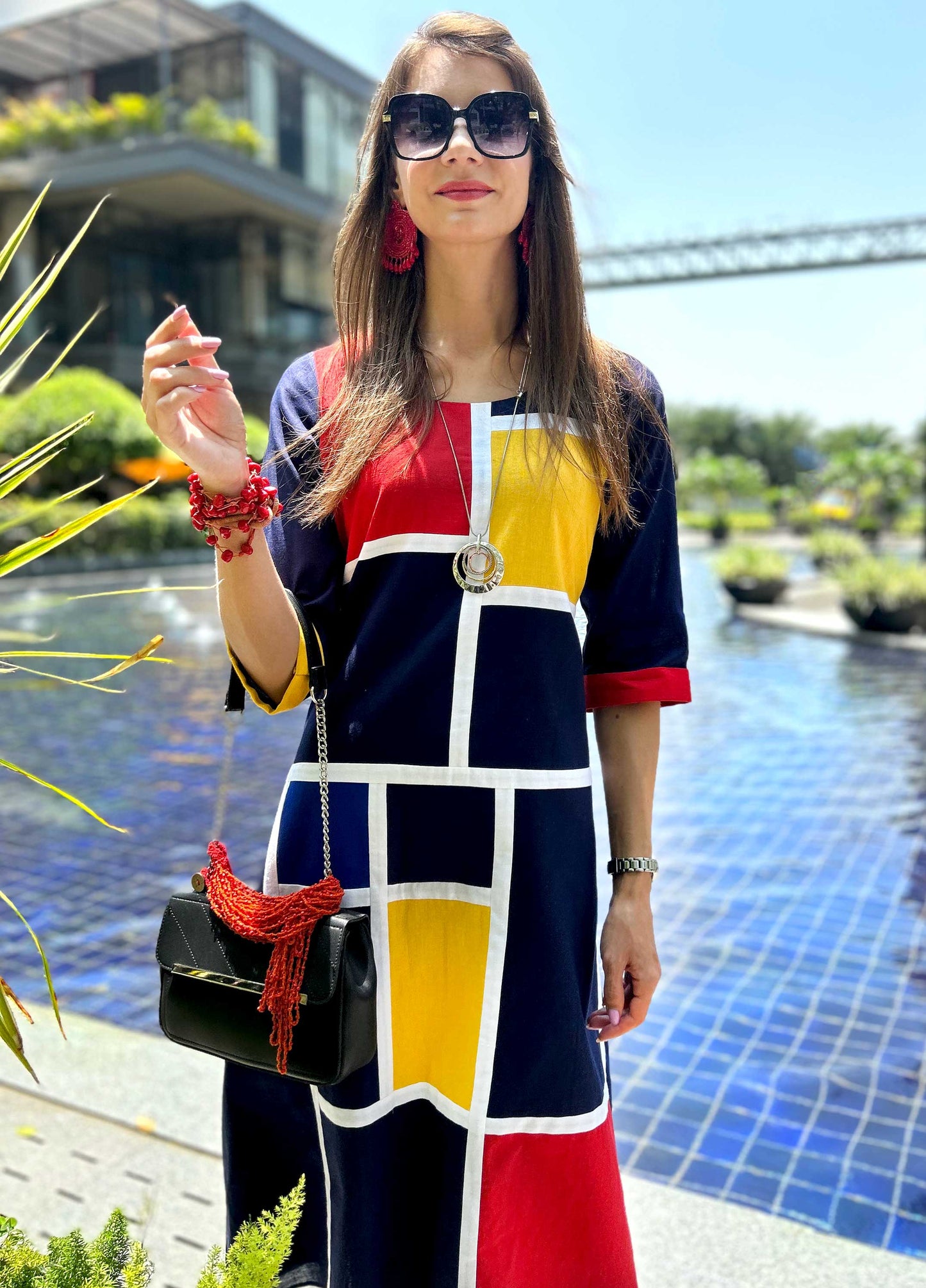 MEADOW CALIFORNIA COLORS MONDRIAN HAND WOVEN COTTON PATCHWORK DRESS
