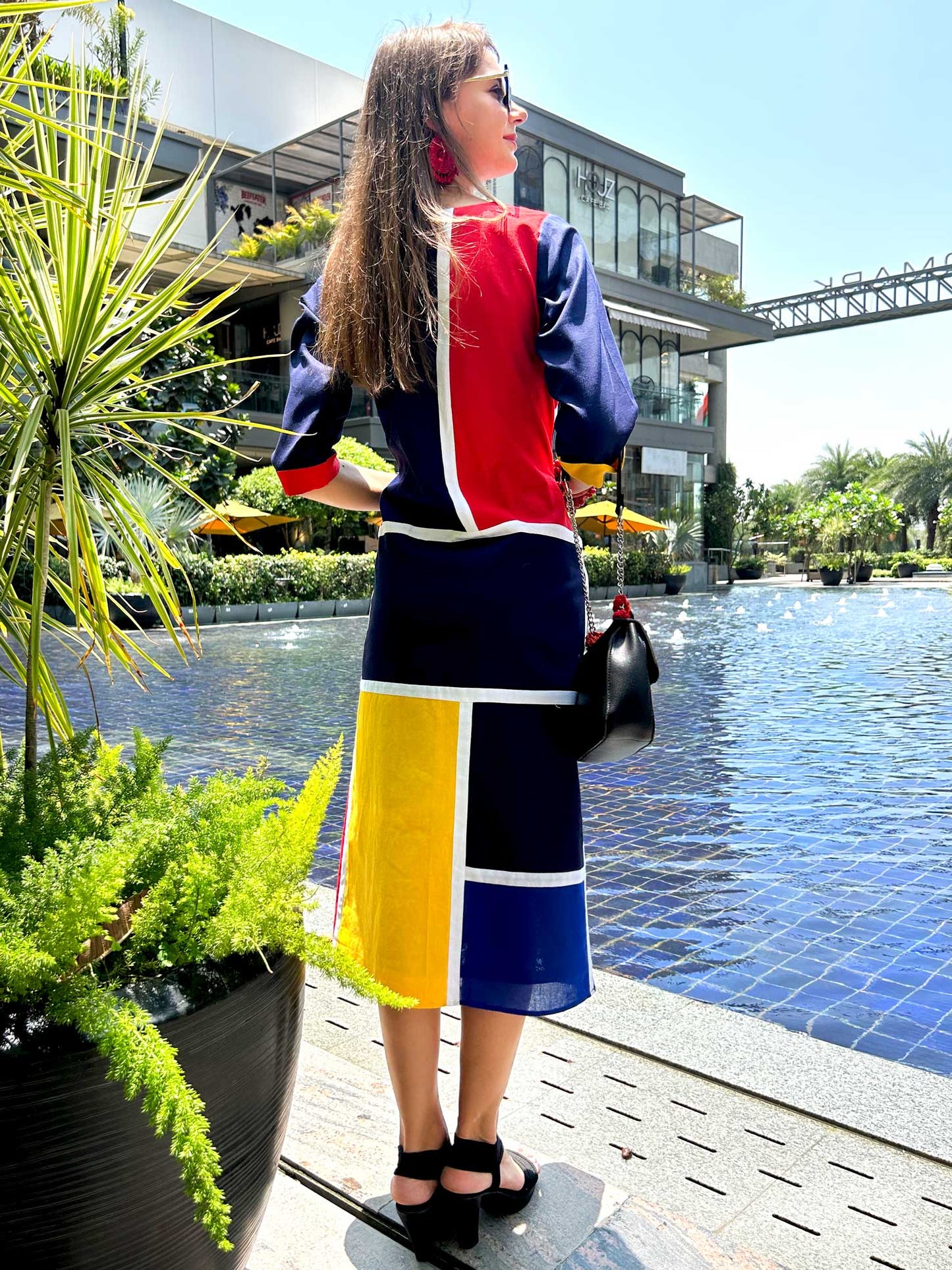 MEADOW CALIFORNIA COLORS MONDRIAN HAND WOVEN COTTON PATCHWORK DRESS