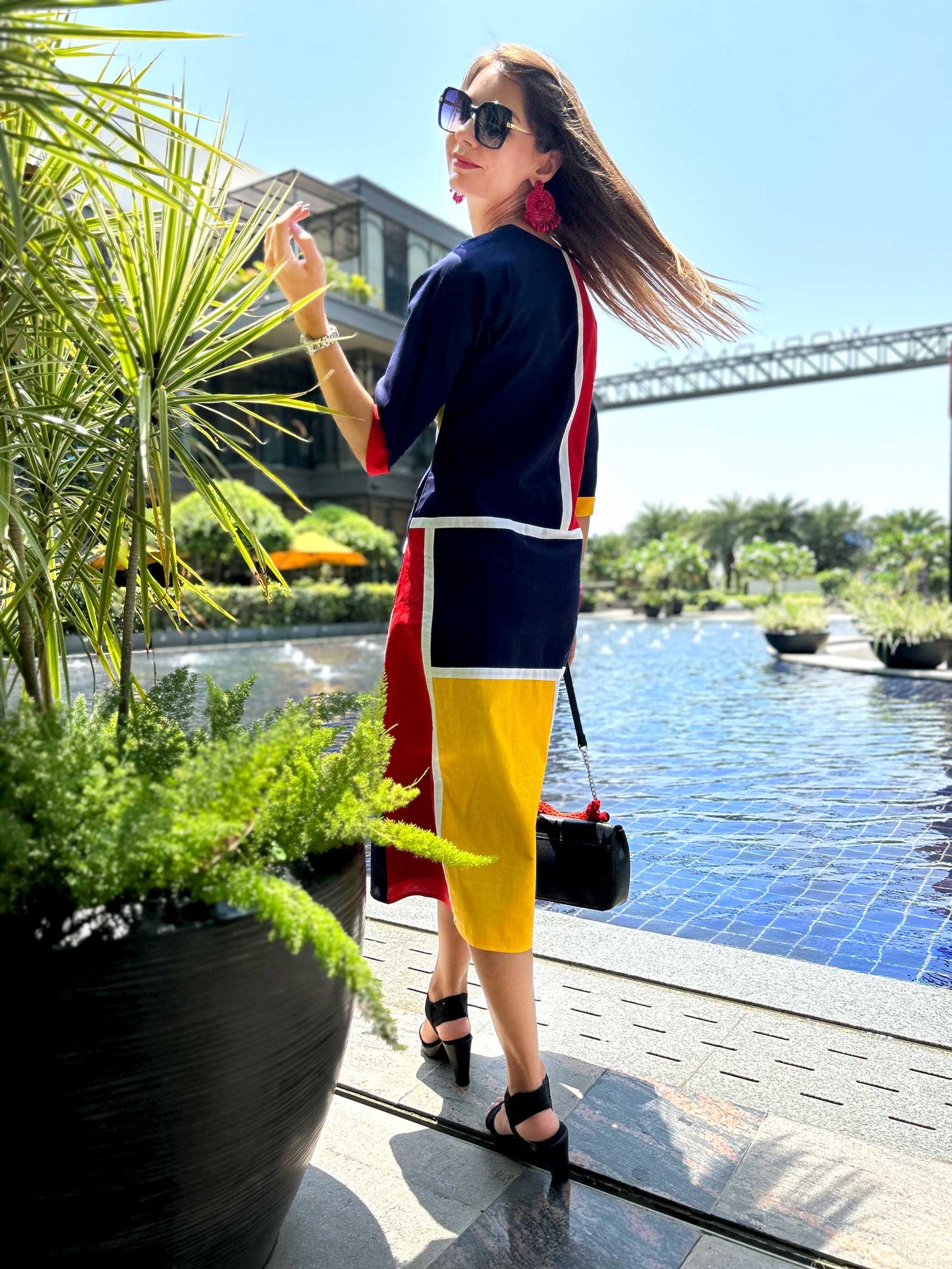 MEADOW CALIFORNIA COLORS MONDRIAN HAND WOVEN COTTON PATCHWORK DRESS