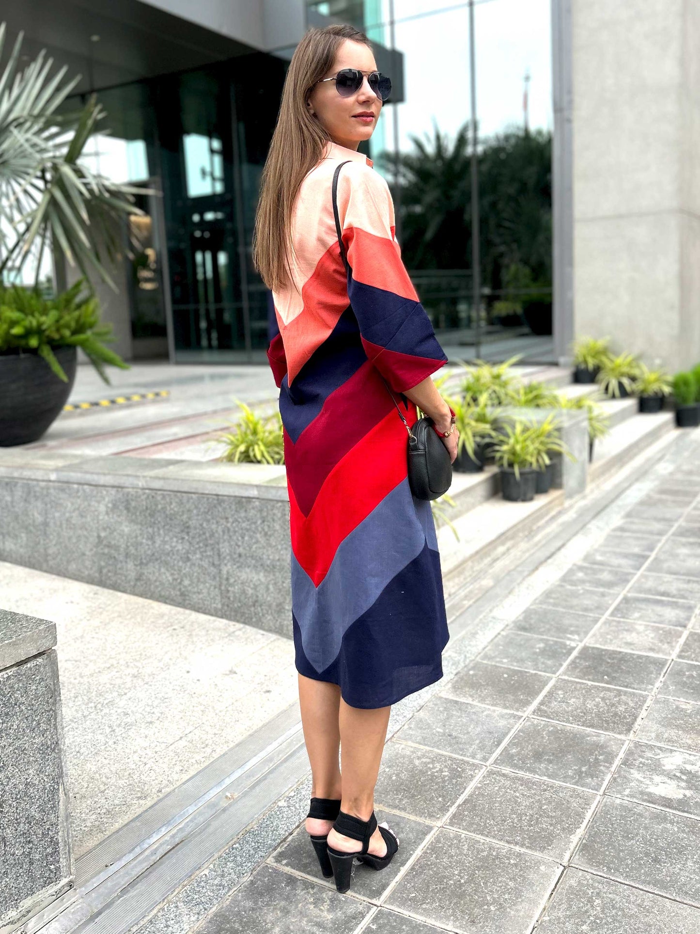 MILLIE CALIFORNIA COLORS HAND WOVEN COTTON PATCHWORK DRESS