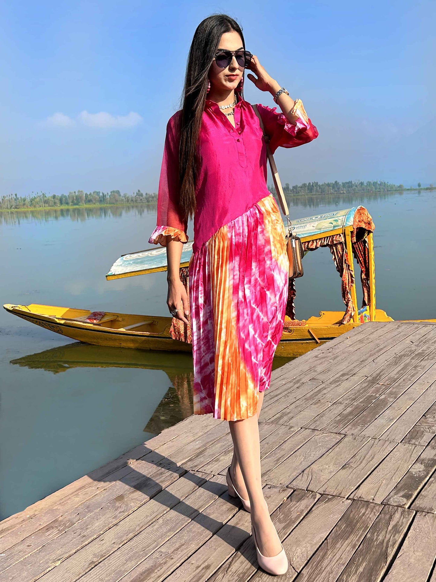 DIXIE FESTIVE FLAMBOYANCE PURE SILK PLEATED DRESS