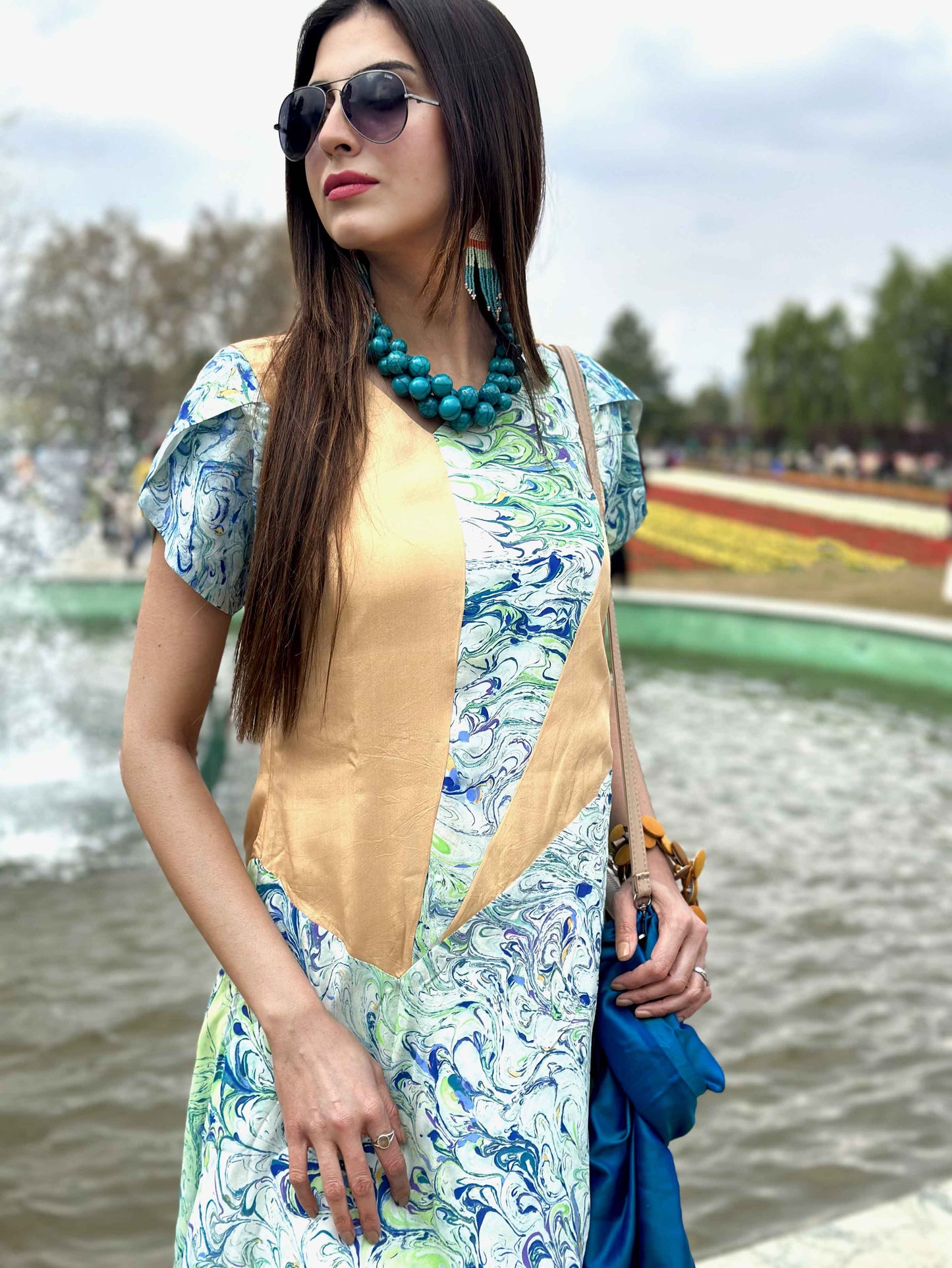LOUISE GORGEOUS KASHMIR WATER MARBLED PURE SILK DRESS