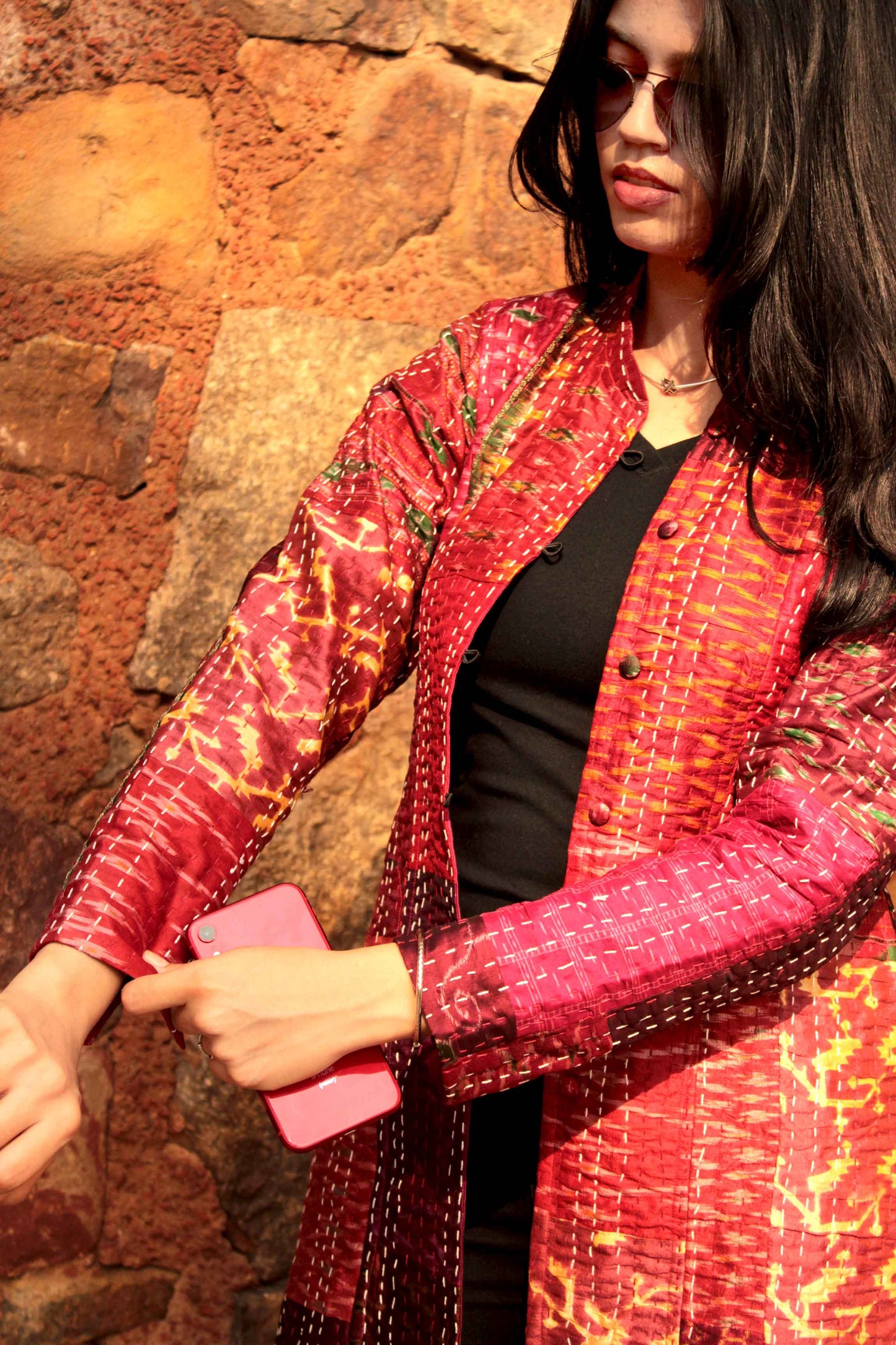 HAZLEY - RAVISHING RUBIES PATOLA SILK PATCHWORK KANTHA LONG JACKET