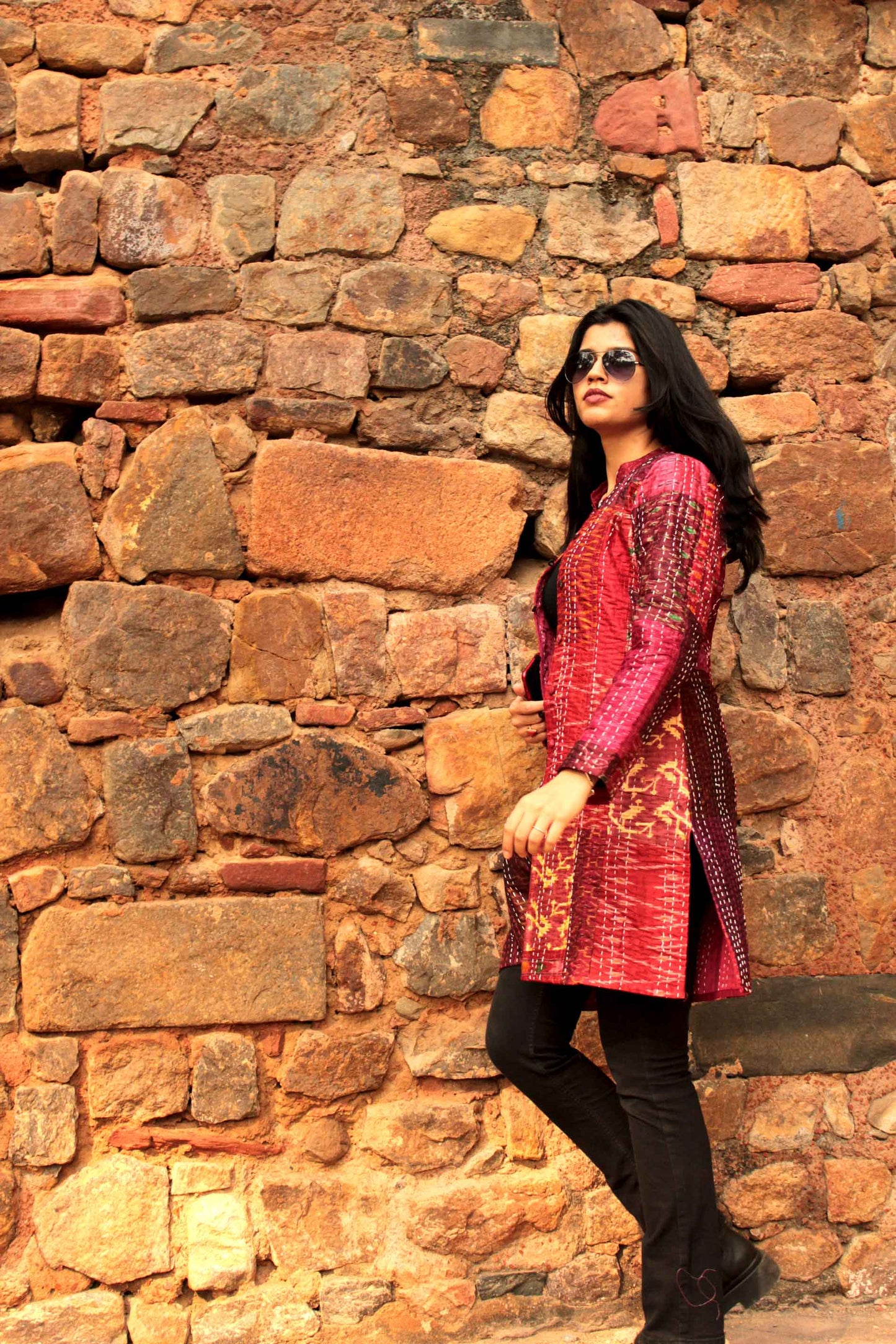 HAZLEY - RAVISHING RUBIES PATOLA SILK PATCHWORK KANTHA LONG JACKET