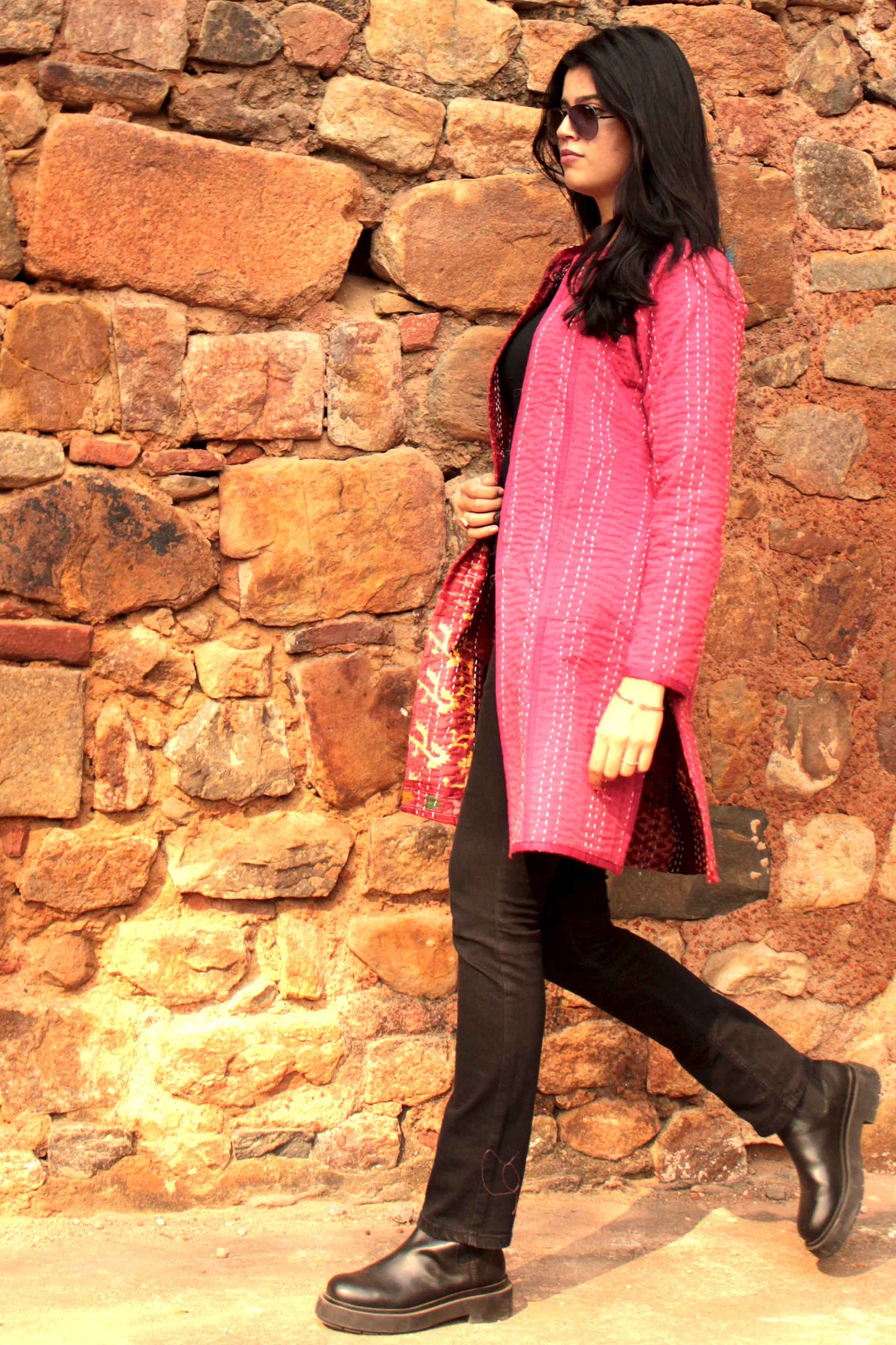 HAZLEY - RAVISHING RUBIES PATOLA SILK PATCHWORK KANTHA LONG JACKET