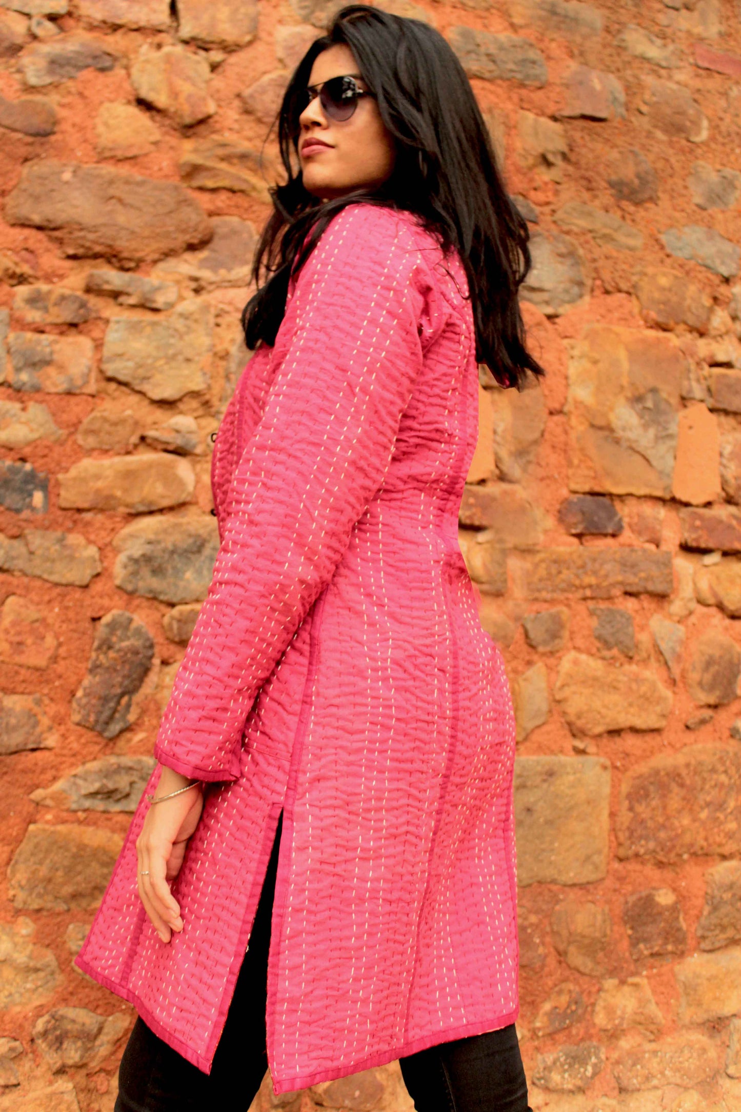 HAZLEY - RAVISHING RUBIES PATOLA SILK PATCHWORK KANTHA LONG JACKET
