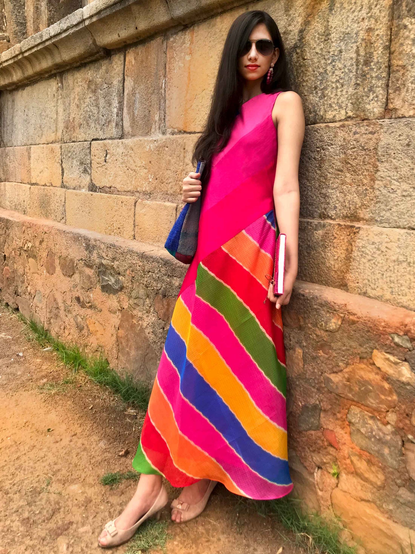 SIENNA SANTORINI STRIPES SILK KOTA DORIA LONG DRESS