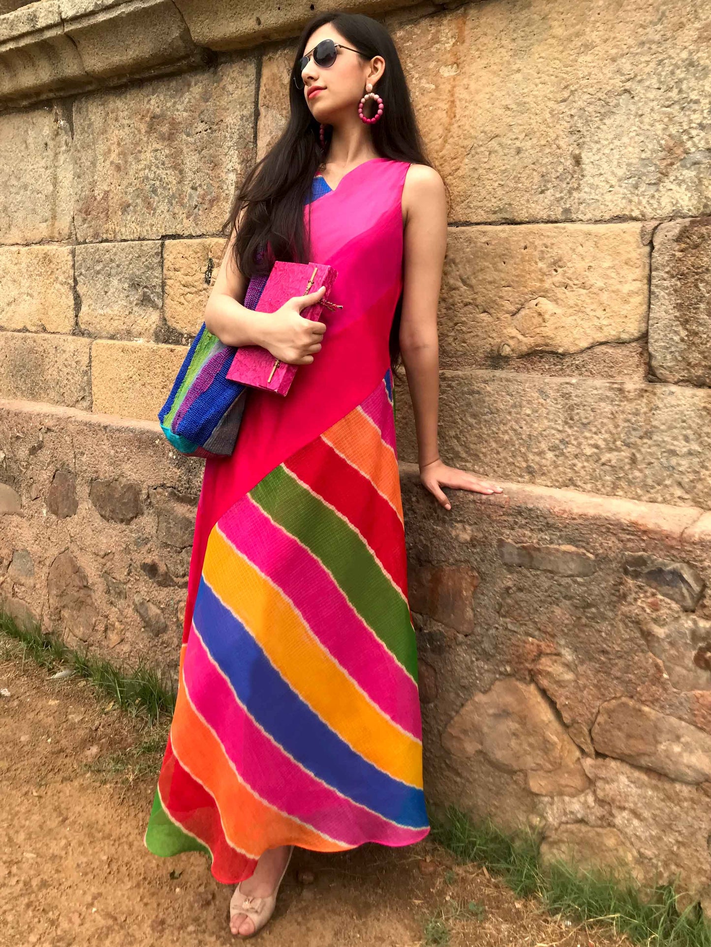 SIENNA SANTORINI STRIPES SILK KOTA DORIA LONG DRESS