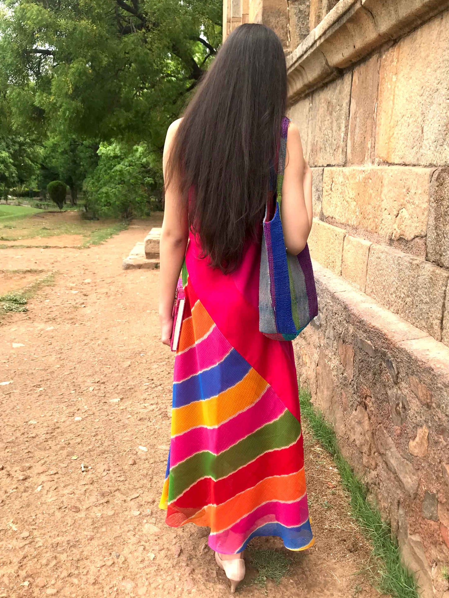 SIENNA SANTORINI STRIPES SILK KOTA DORIA LONG DRESS