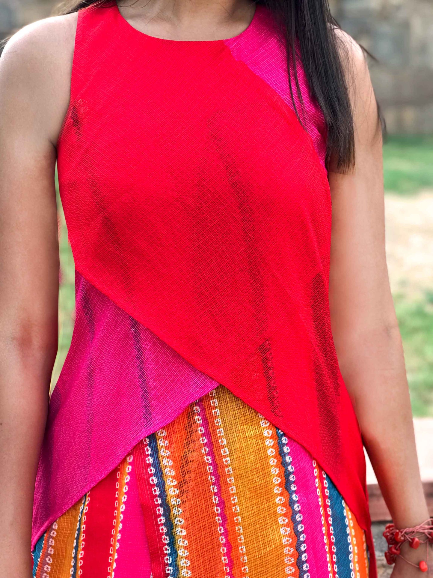 SHARON SANTORINI STRIPES SILK KOTA DORIA LONG DRESS
