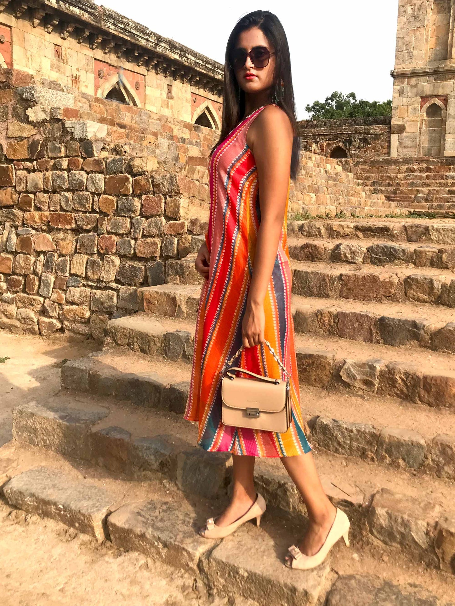 SKYLER SANTORINI STRIPES SILK KOTA DORIA REVERSIBLE DRESS