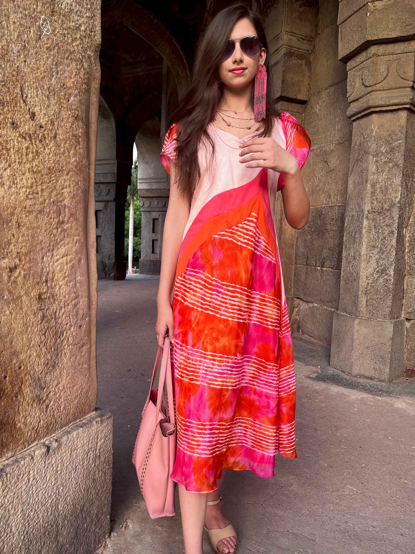 SARAH SANTORINI STRIPES SILK KOTA DORIA DRESS