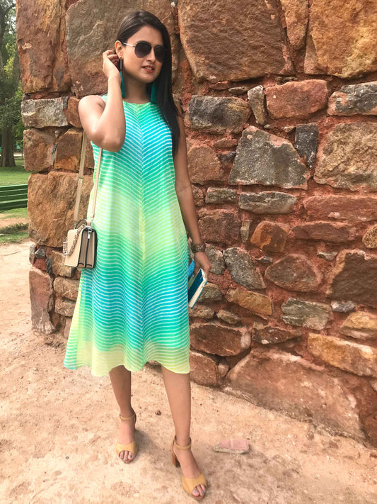 STEPHANIE SANTORINI STRIPES SILK KOTA DORIA REVERSIBLE DRESS