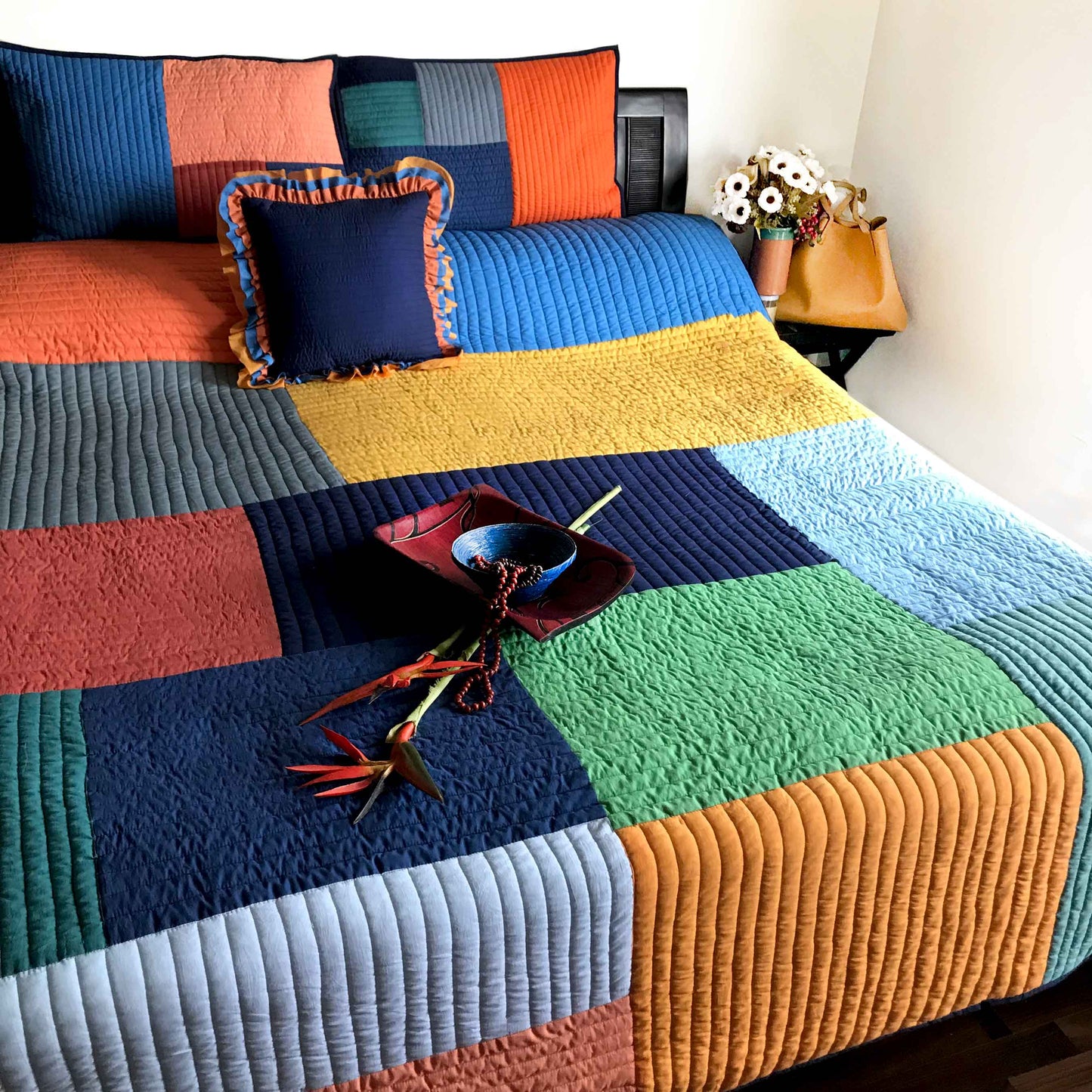 KINSLEY COPENHAGEN MELANGE PATCHWORK QUILTED BEDCOVER SET