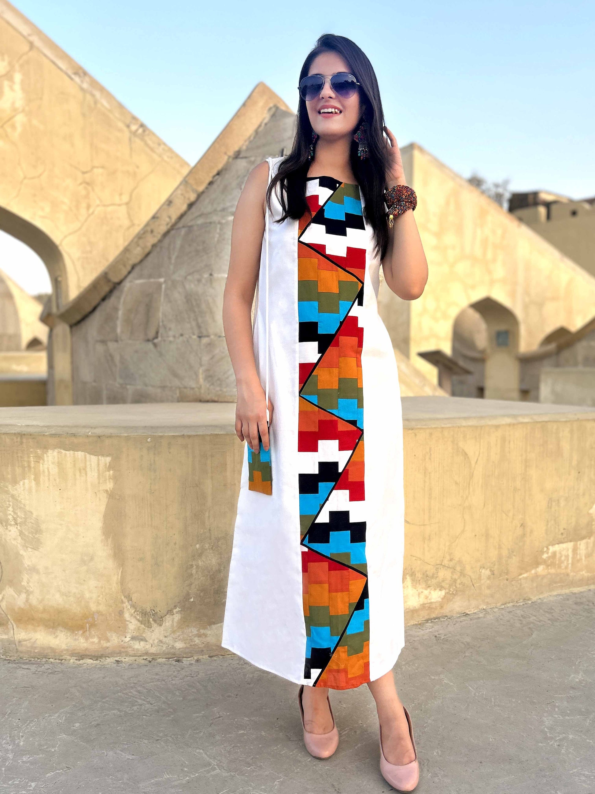 cotton patchwork dress Contrast midi dress M/L / Mustard/ Brown / 100% Cotton