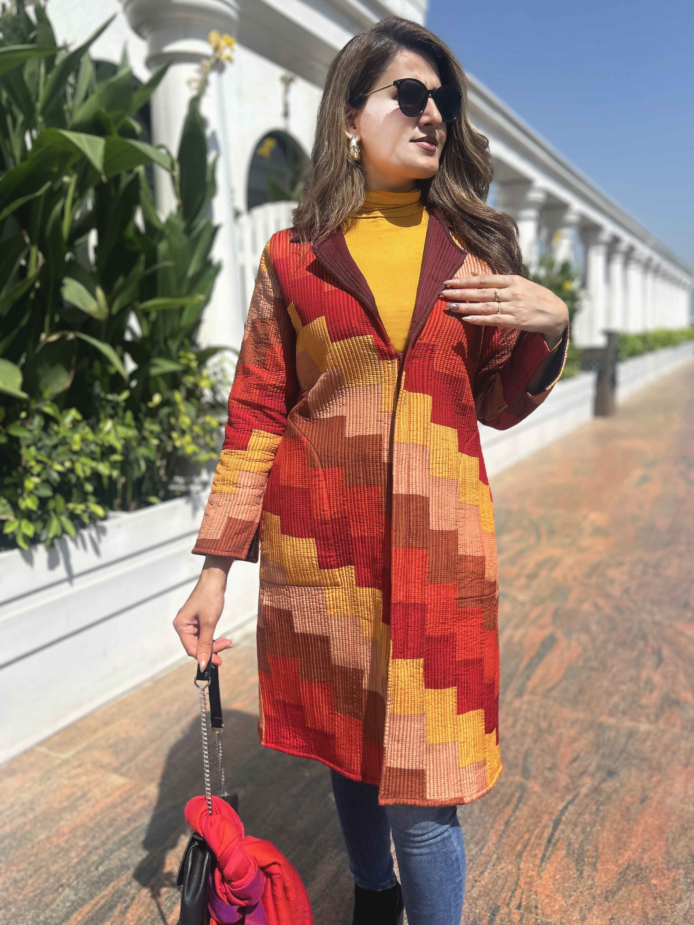 Audrey Vermont Autumn Acorn Pure Silk Patchwork Quilted Jacket