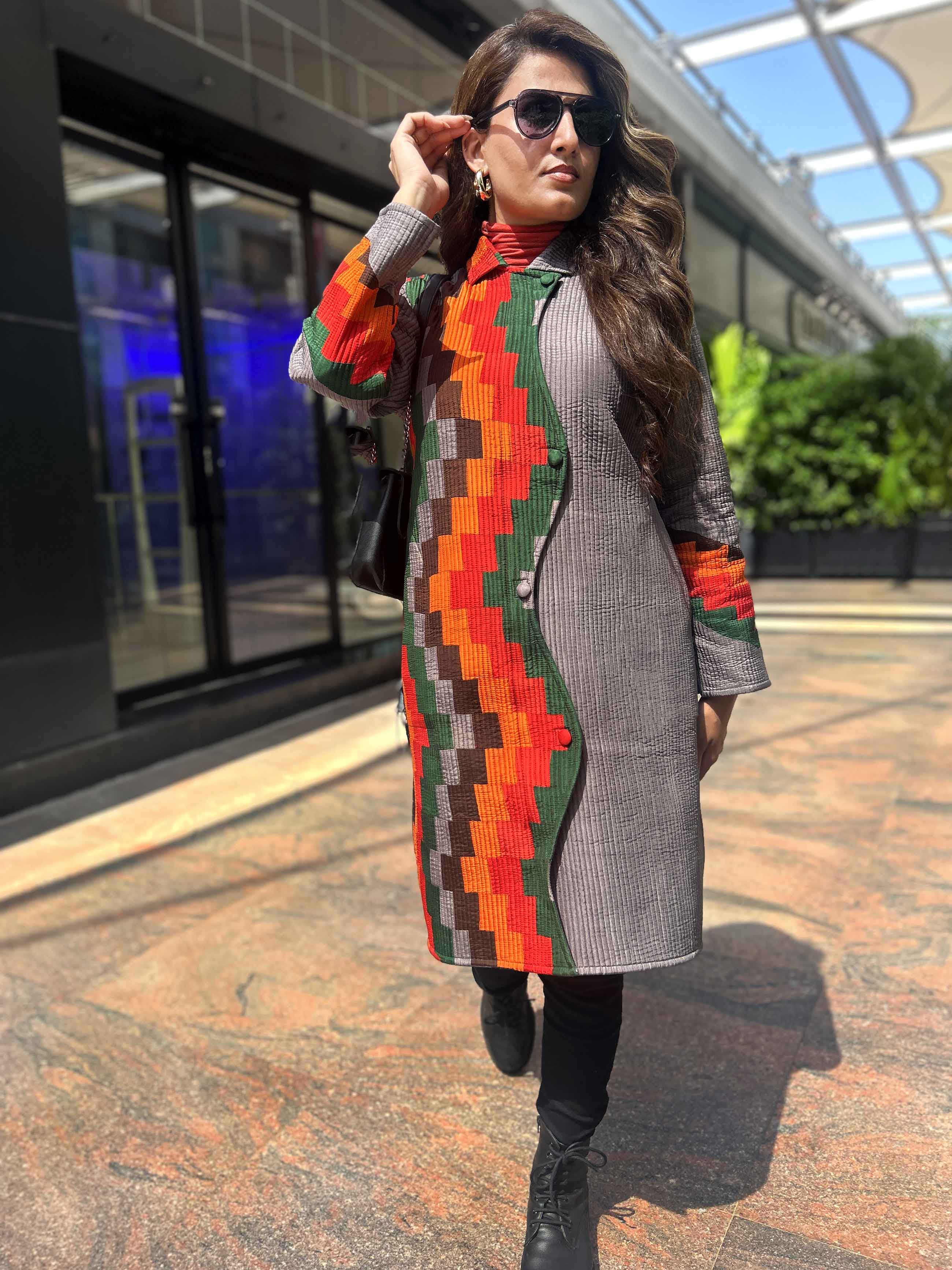 Annabelle Vermont Autumn Aztec Pure Silk Patchwork Quilted Jacket