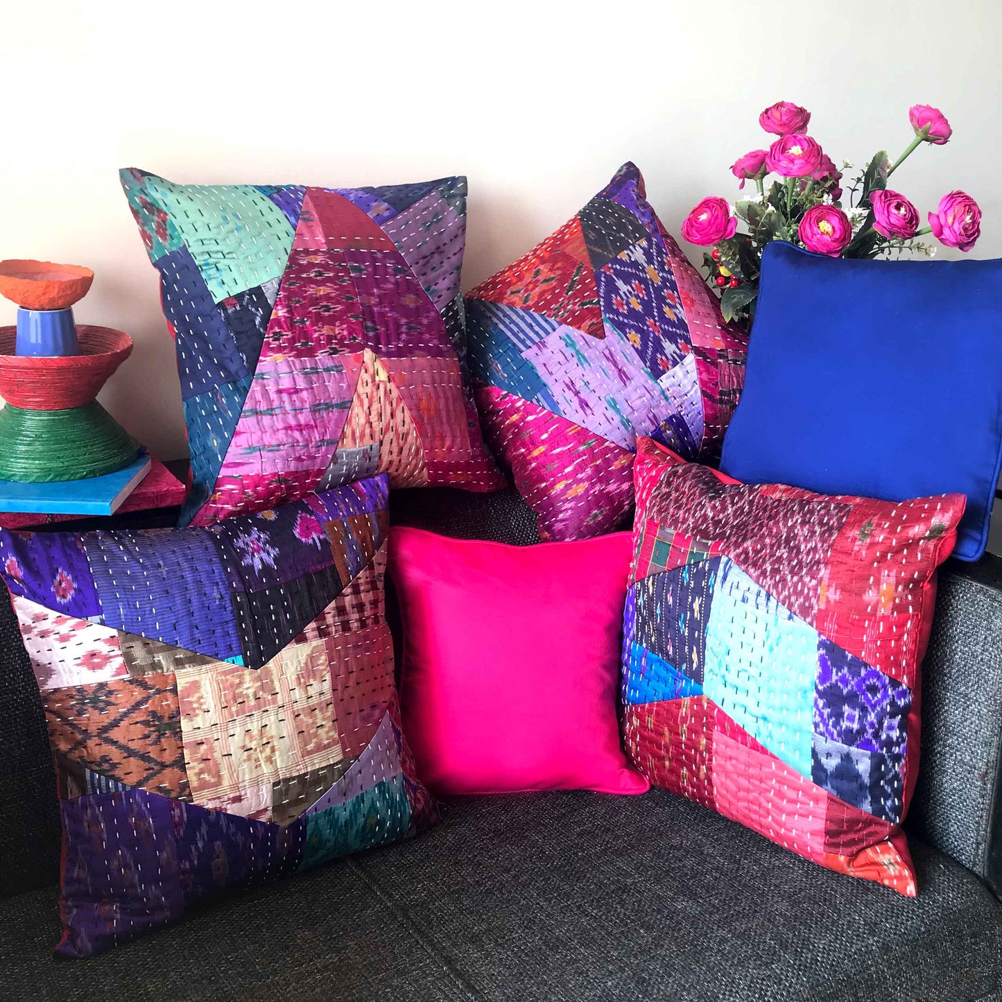 MYAH MURANO INSPIRED PATOLA SILK PATCHWORK  CUSHION COVER SET