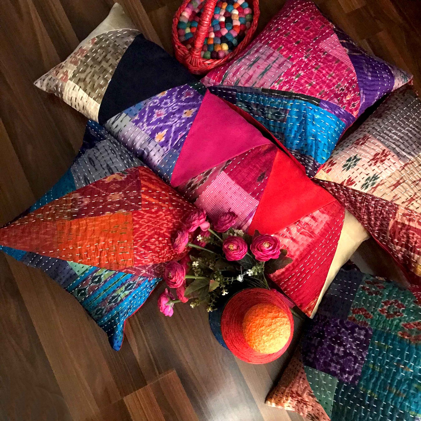 MELINA MURANO INSPIRED PATOLA SILK PATCHWORK  CUSHION COVER SET